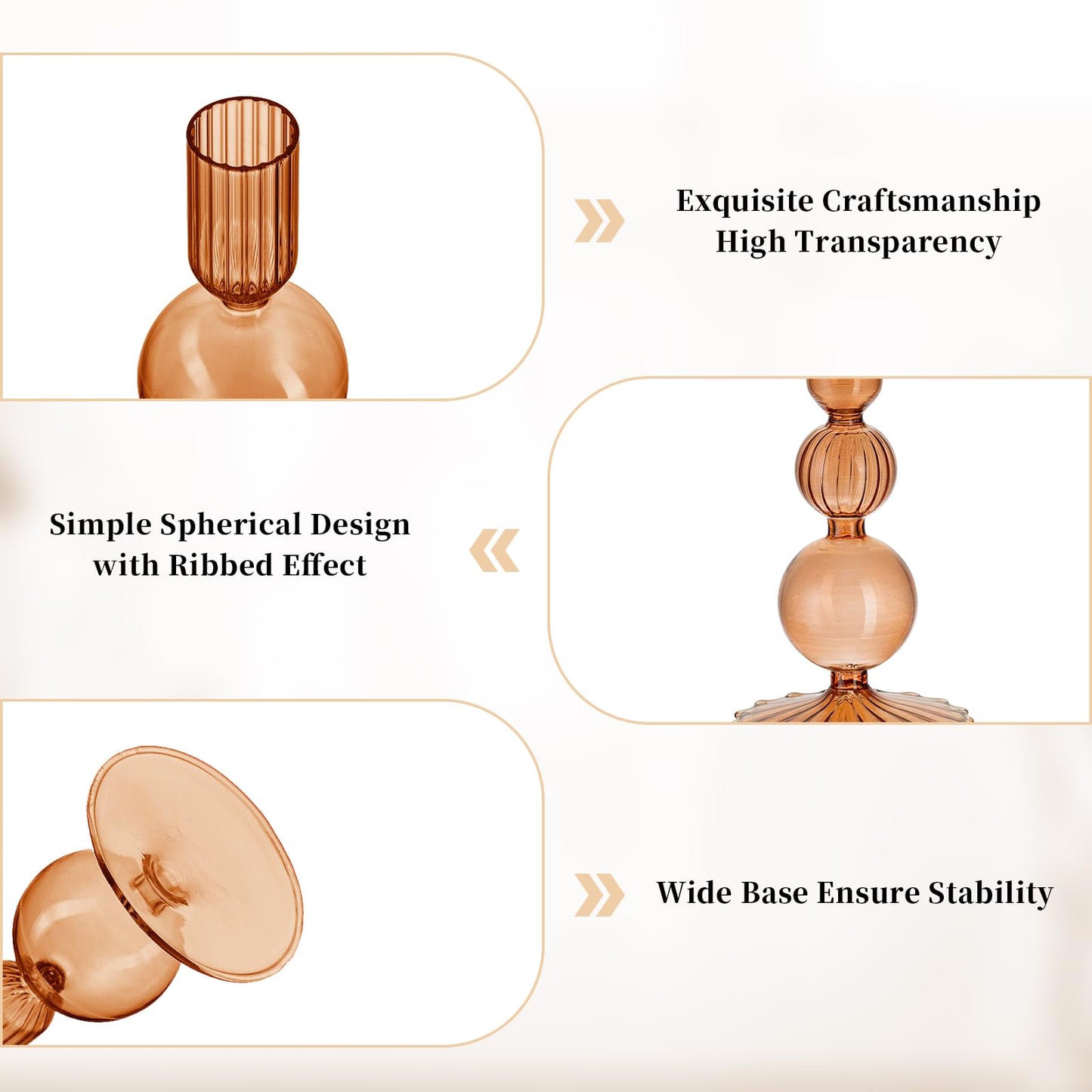 Glasseam Candle Sticks Holder Decor: Amber Glass Candle Holders Set of 3 Modern CandleHolders for Taper Candlesticks Unique Fall Candle Holders for Halloween Centerpiece Table Decor Thanksgiving