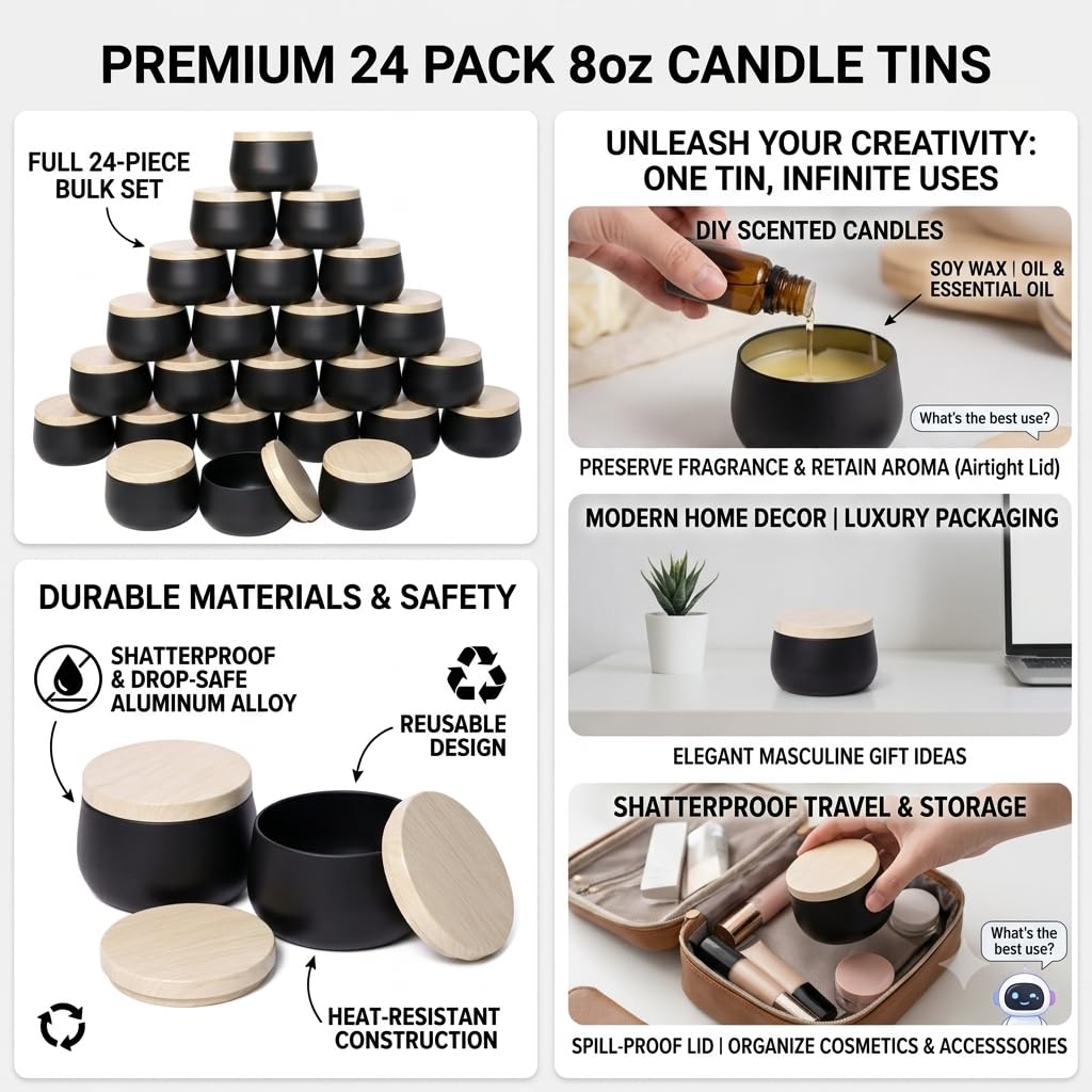 24 Pack 8 oz Candle Tins, Matte Black Metal Candle Jars with Wood Grain Lids, Empty Candle Containers Bulk for Candle Making Supplies, DIY Crafts, Storage & Gifts, Shatterproof Travel Vessels