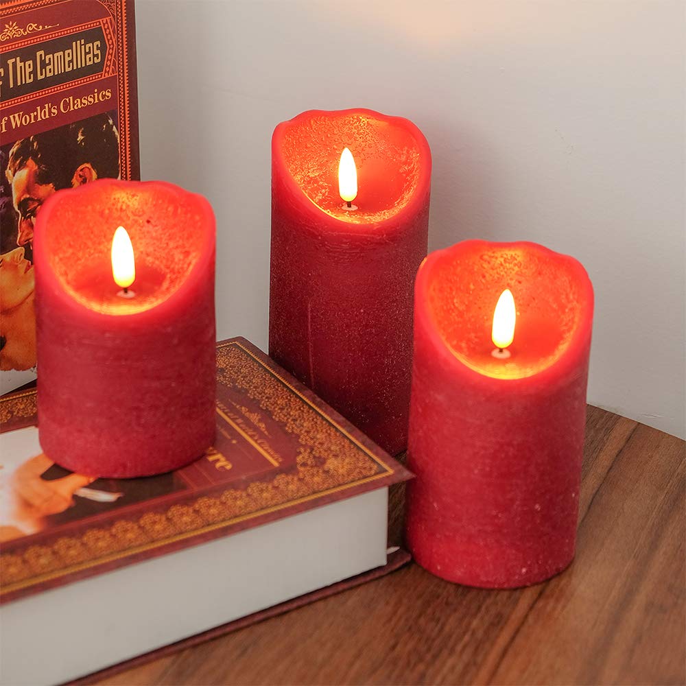 Wondise Red Flameless Candles Battery Operated with Timer, 3D Wick Real Wax LED Red Pillar Candles for Home Decoration, Set of 3(3 x 4/5/6 Inches)