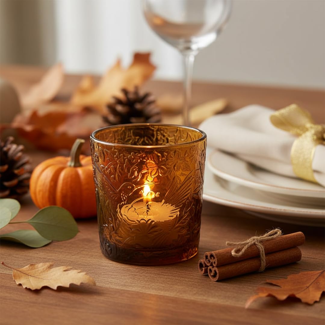 6 Pack Hummingbird Embossed Glass Candle Holders Votive Tealight Holders with Patent Design, Decorative Glass Cups for Wedding Centerpieces, Parties, and Home Decor (Chestnut Brown)