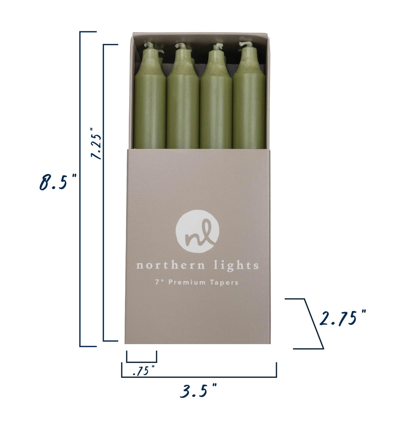 Northern Lights Candles - 7" 12pk Tapers - Moss Green - 71734