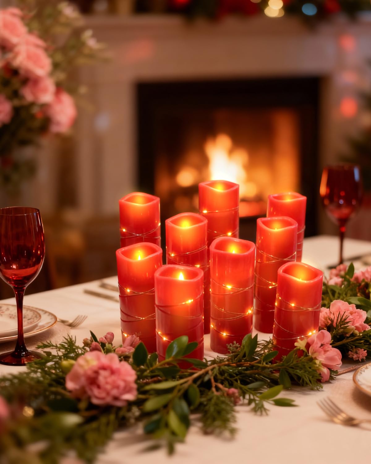 Red Flameless Pillar Candles with String Lights – 9 Pack Real Wax LED Candles, Remote Controlled with 2/4/6/8H Timer, Each Uses 2 AA Batteries (Not Included) for Christmas & Holiday Home Décor