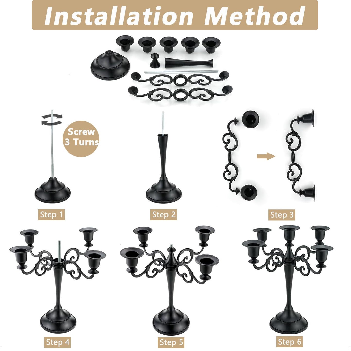 Metal Candelabra Candle Holder for Taper Candles, 5 Arms Black Candlestick Holders 10.24 inch Tall, Gothic Candle Stick Holder for Christmas Halloween Wedding Table Centerpiece Decoration