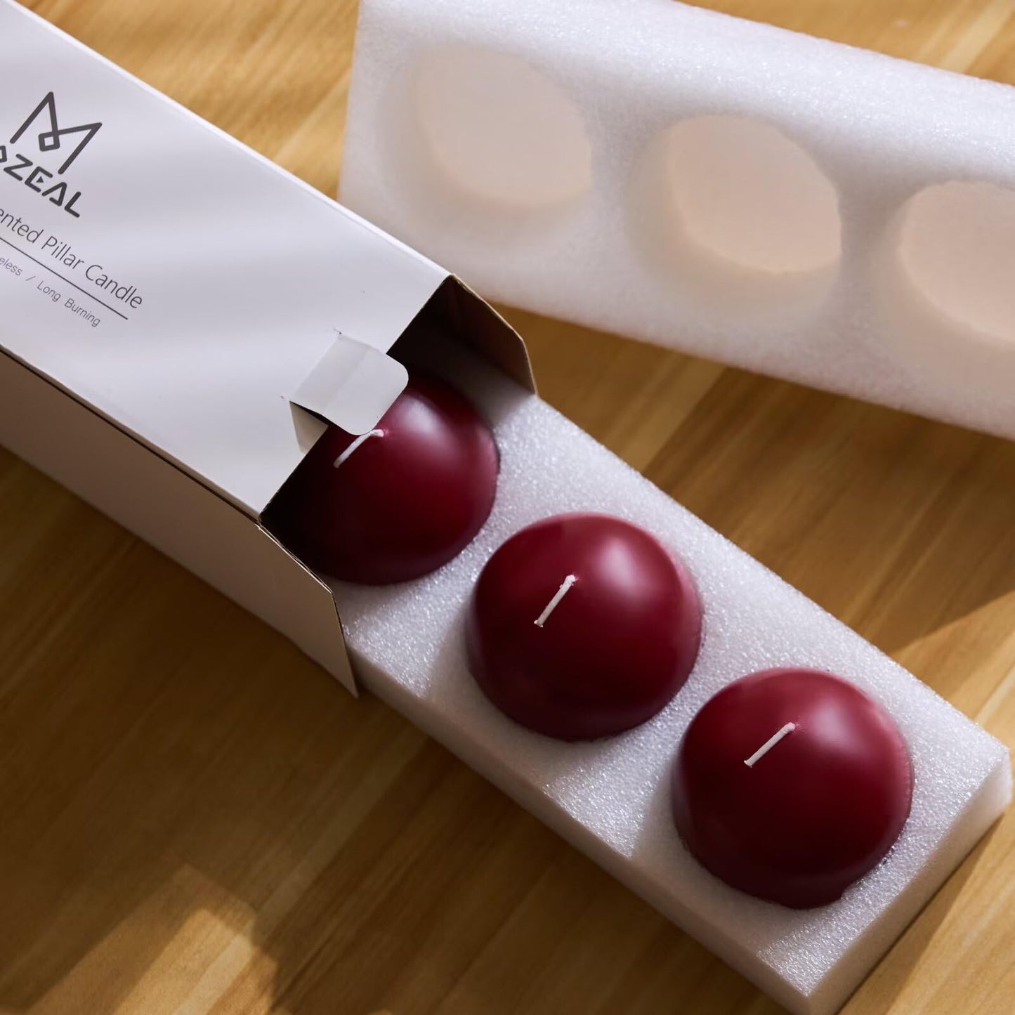 MOZEAL Hand-Poured, 3 Inch Dark Red Round Ball Candles - Elegant Dark Red Round Pillar Candles Set of 3, Dripless, Unscented, Smokeless, Ideal for Intimate Gatherings.