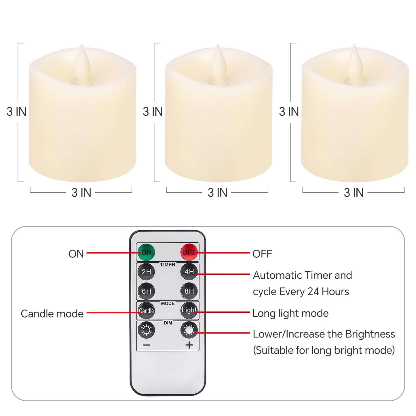 milysoek 3x3 Flickering Flameless Candles Set of 3, Real Wax LED Battery Candles Flickering, 3 inch Flameless Candles with Remote,Battery Powered Candles, for Party/Wedding,Ivory