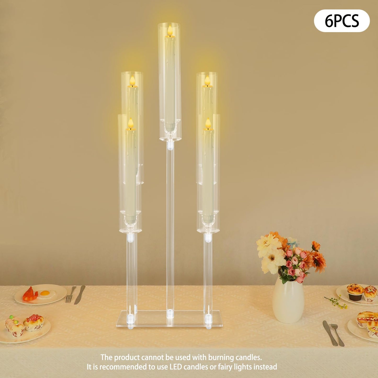 4Pcs 9 Arms Acrylic Candle Holder, Clear Candlestick Holder w/Acrylic Shade, 42.5In Tall Crystal Tapered Candle Holders Centerpieces w/Rectangular Base for Home Wedding Party (6Pcs 5Arms)