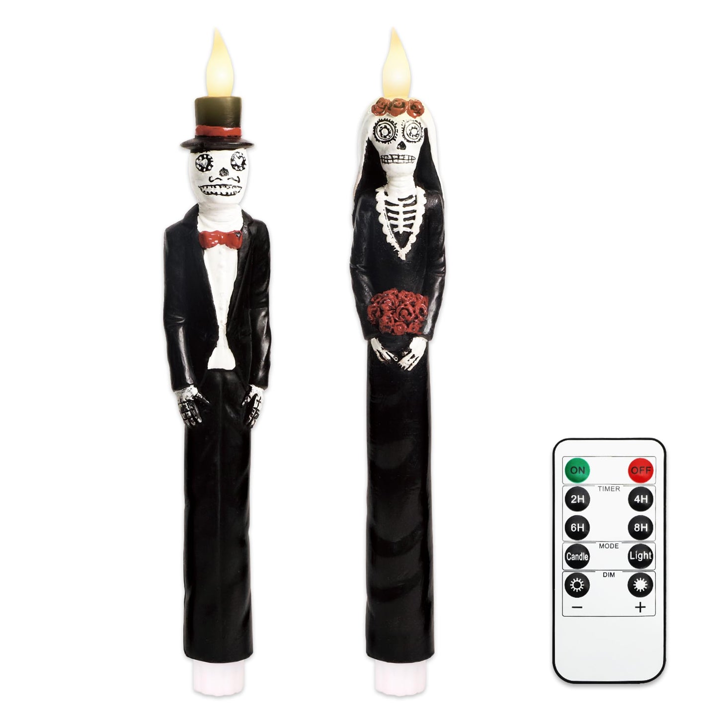 Black Flameless Taper Candles with Remote Battery Operated CandleSticks Flickering Light Set of 2 Real Wax Handmade Skeleton Couple LED Window Candles for Halloween Horror Party Gothic Wedding Decor