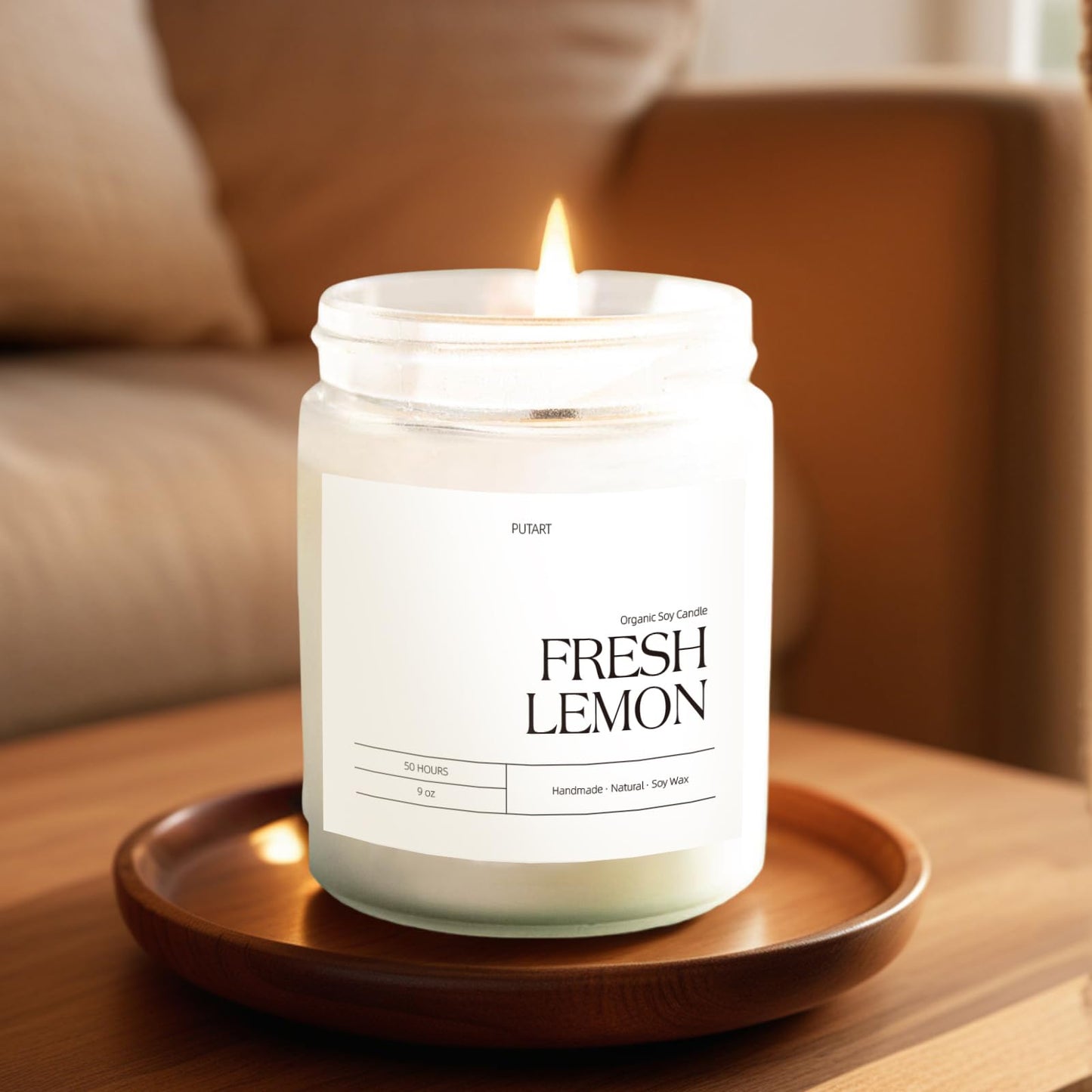Putart Fresh Lemon Highly Scented Candle for Home, 9oz Natural Soy Aromatherapy Non Toxic Candles with Essential Oil, Home Fragrance Stress Relief & Meditation Jar Candles Gifts for Women & Men, White