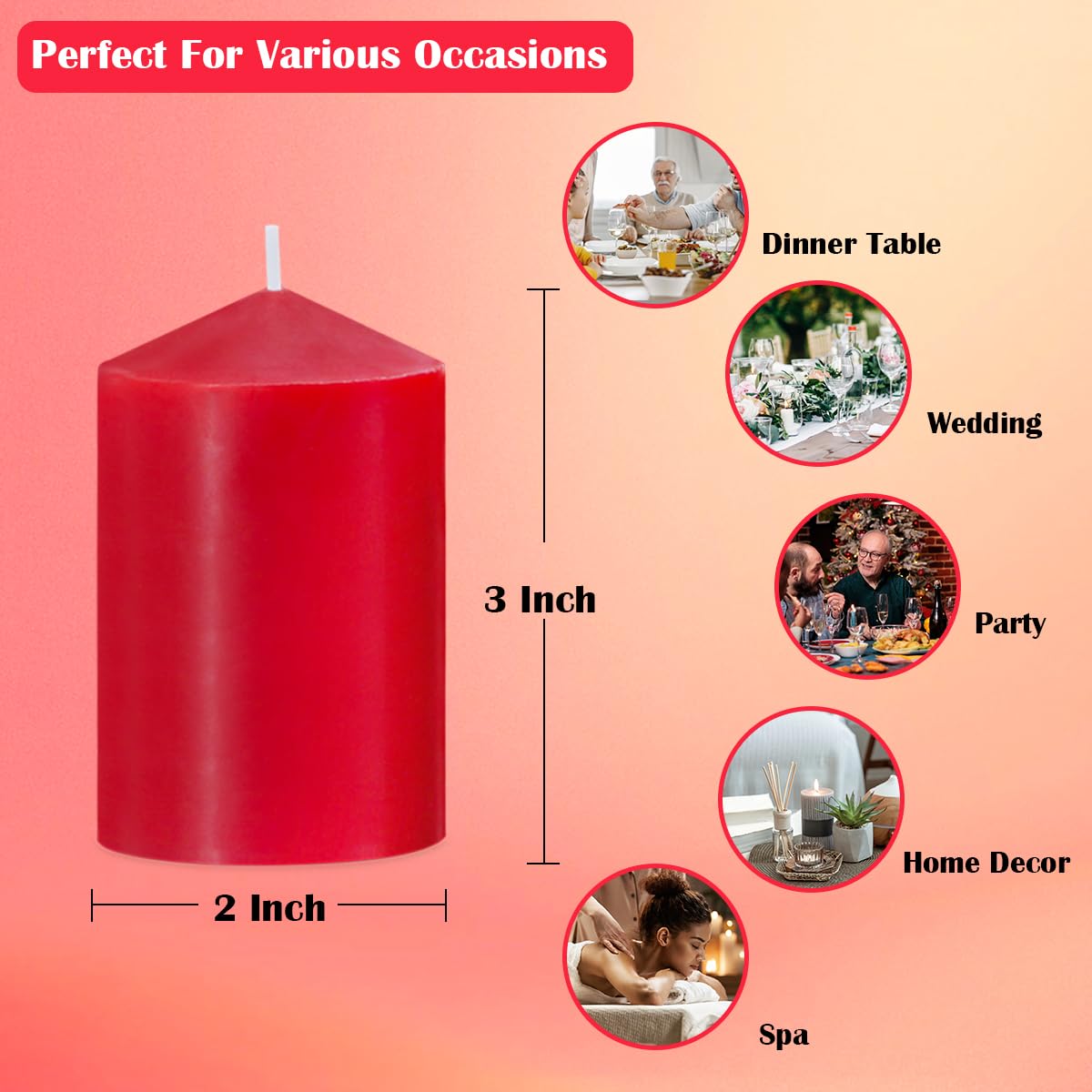 2x3 Inch Red Pillar Candles, 24 Hour Small Unscented Dripless Burgundy Colored Column Cylinder Candles for Christmas Home Party Holidays, Set of 8