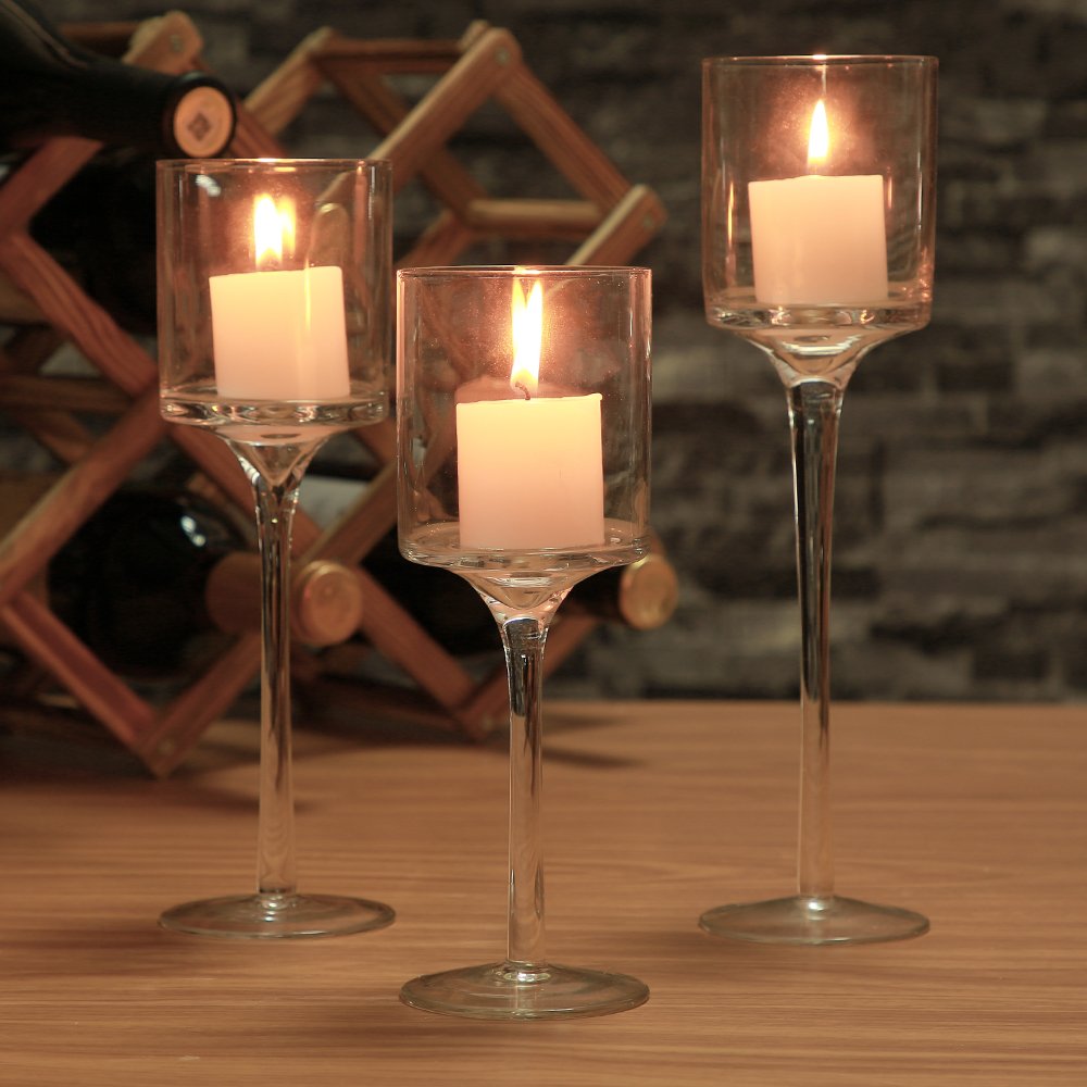 BTGLLAS Set of 3 Candlestick & Tealight Candle Holders Tall High Elegant Clear Glass Tealight Holder Suitable for Candles Under 6cm (2.36") in Diameter Fit Home Party Wedding Table Centerpiece Decor…