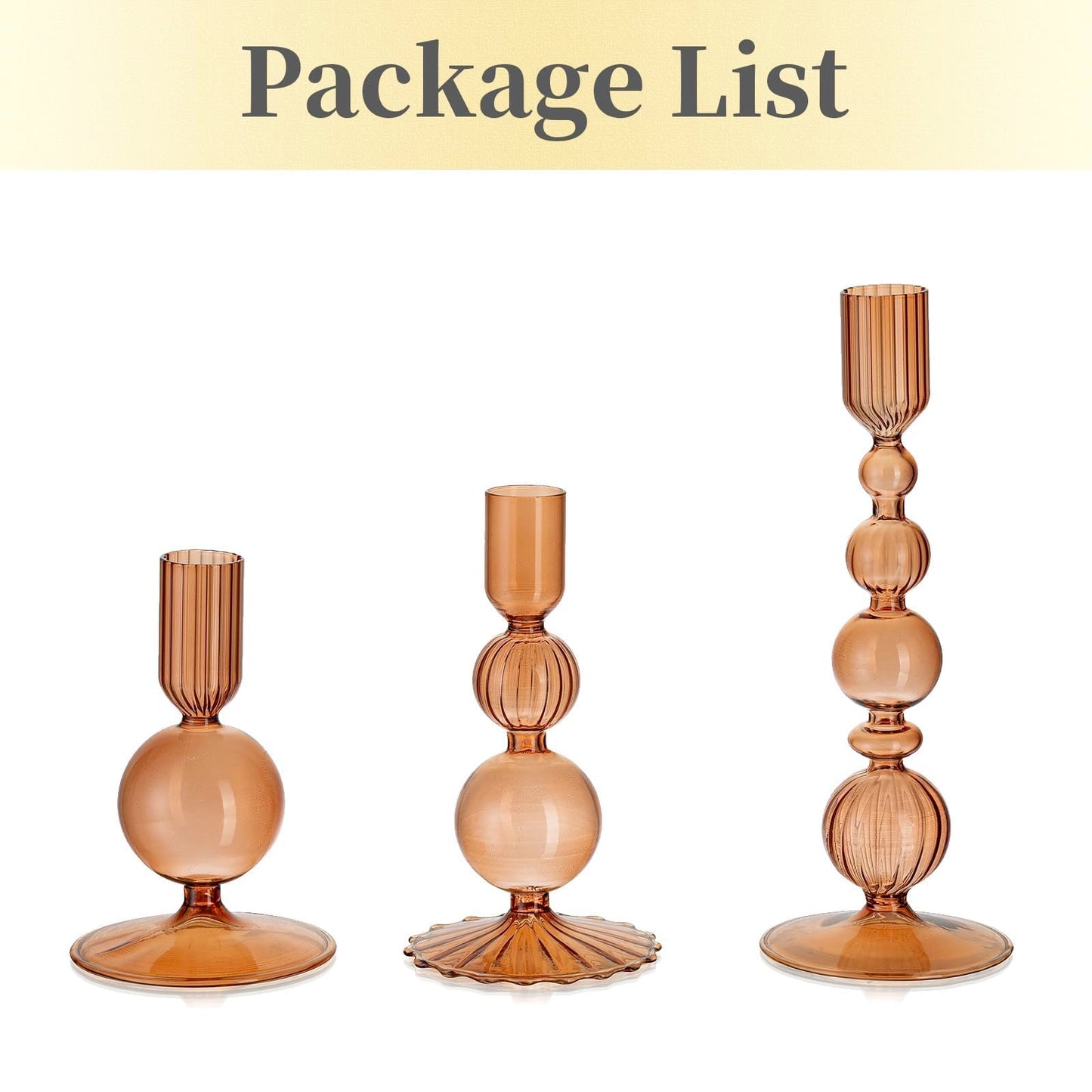 Hewory Glass Candlestick Holders Set: 3PCS Brown Candle Holder Taper Candle Holders Bulk, Crystal Ribbed Candle Sticks Holder Decor for Table Centerpiece Wedding Christmas Thanksgiving Dinner