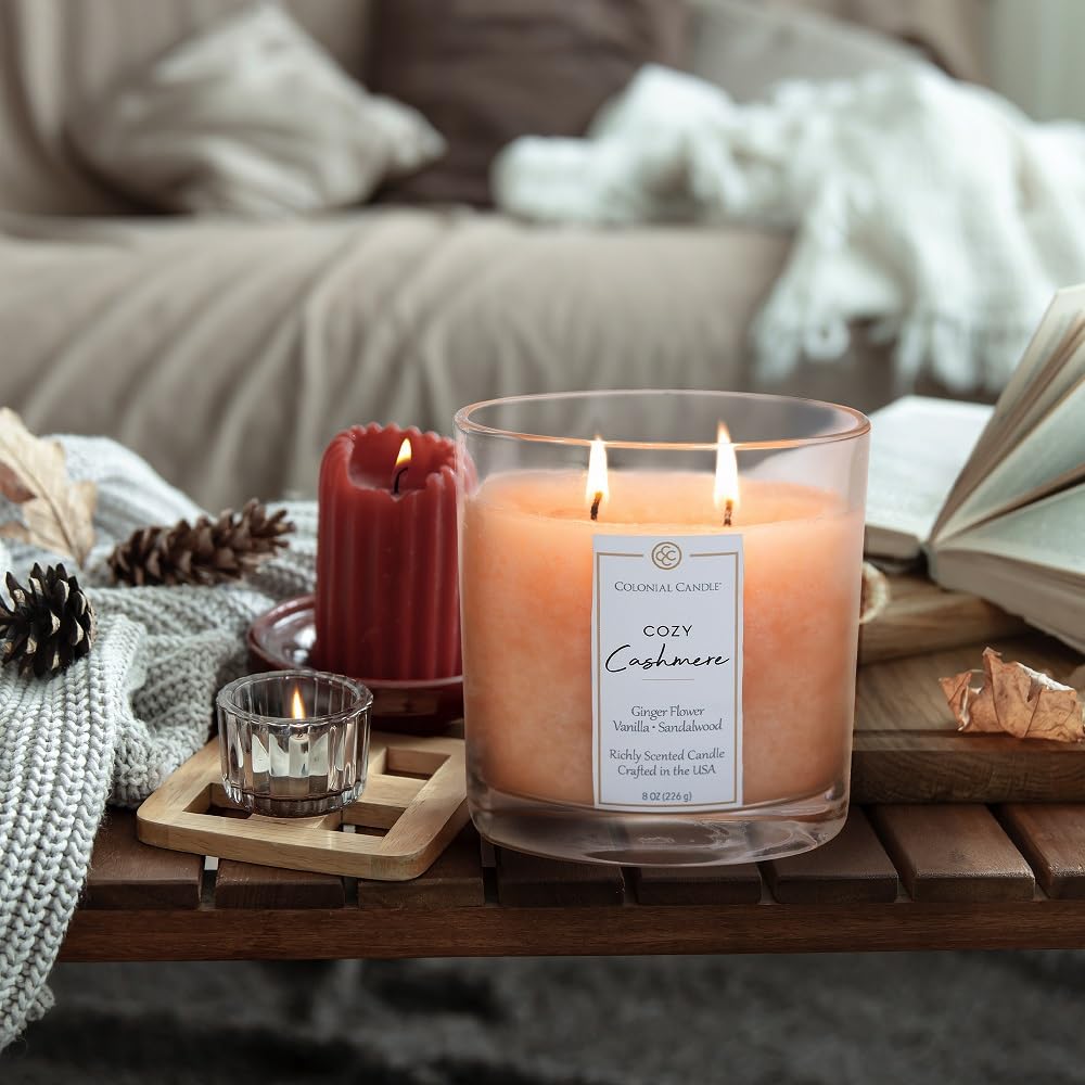 Colonial Candle Cozy Cashmere Scented Candle Jar, Highly Fragranced Candles for Home Scented, Mottled Wax Candle, 2 Wick, 8 oz - Made in the USA