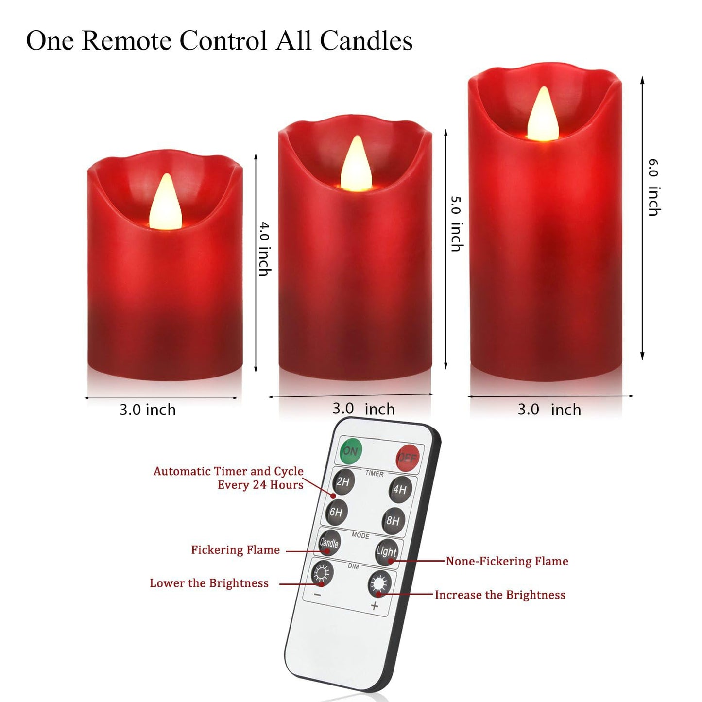 Biyanuo Flameless Battery Operated LED Candles with10key Button Remote Control 24-Hour Timer Set of 3 Electric Flickering Pillar Real Wax,Wedding, Party, Home Decoration (Red)
