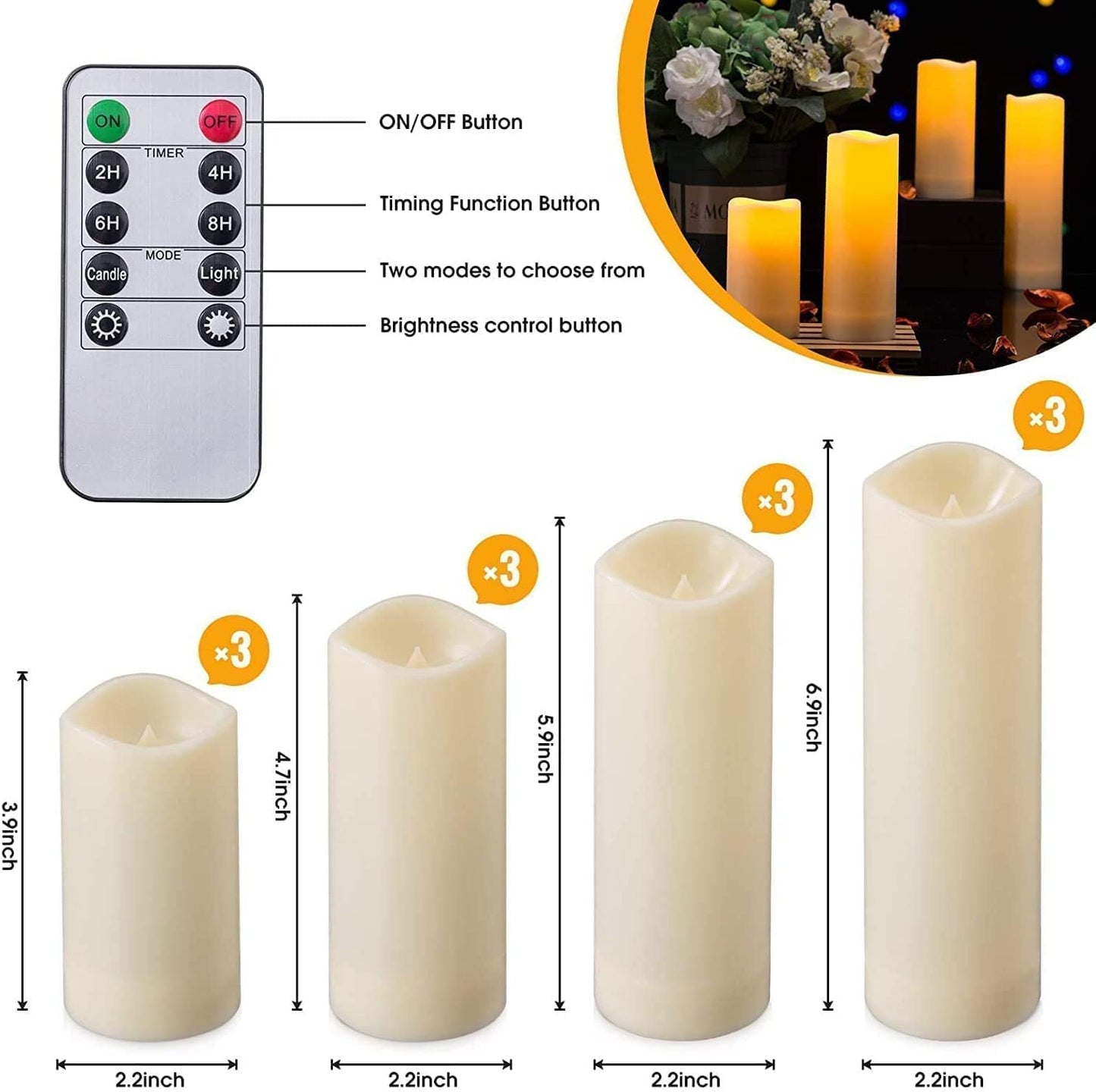 Aamdkcyu Flameless Candles with Remote & 2/4/6/8H Timers, Outdoor Indoor Waterproof Remote Candles Battery Operated, Electric Led Candles 12pcs for Home/Wedding Decor (D 2.2'' x H 4'' 5'' 6'' 7'')