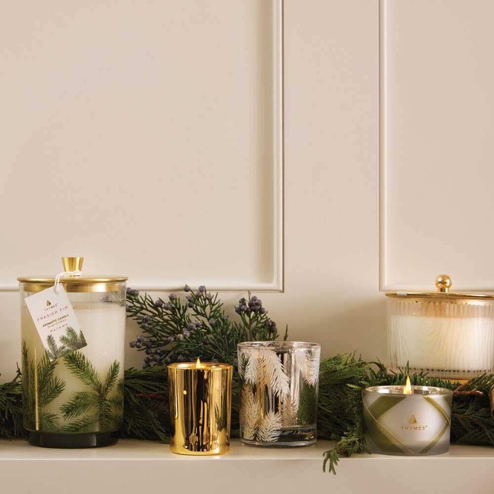 Thymes Frasier Fir Candle - Gilded Collection - Frosted Wood Grain Design with Gold Lid & Base - Pine Scented Candles for Women & Men - Luxury Home Fragrance - Elegant Christmas Decor (Large, 13.5 oz)