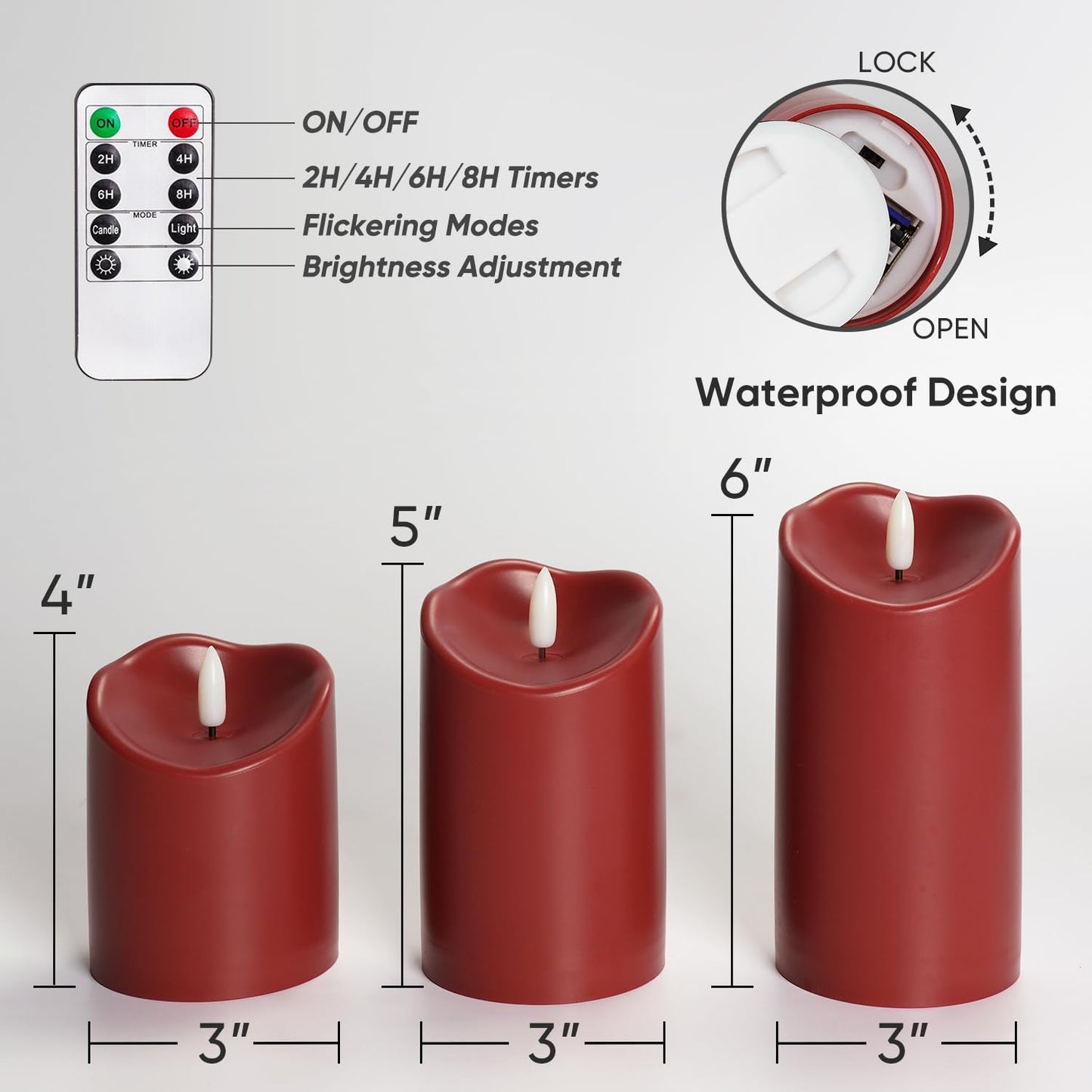 Homemory Burgundy Flameless Candles, Waterproof Flickering Flameless Candles, Outdoor Battery Operated LED Pillar Candles with Remote Timer, Electric Fake Plastic Candles, D3 x H4 5" 6", Red, 3 Pack