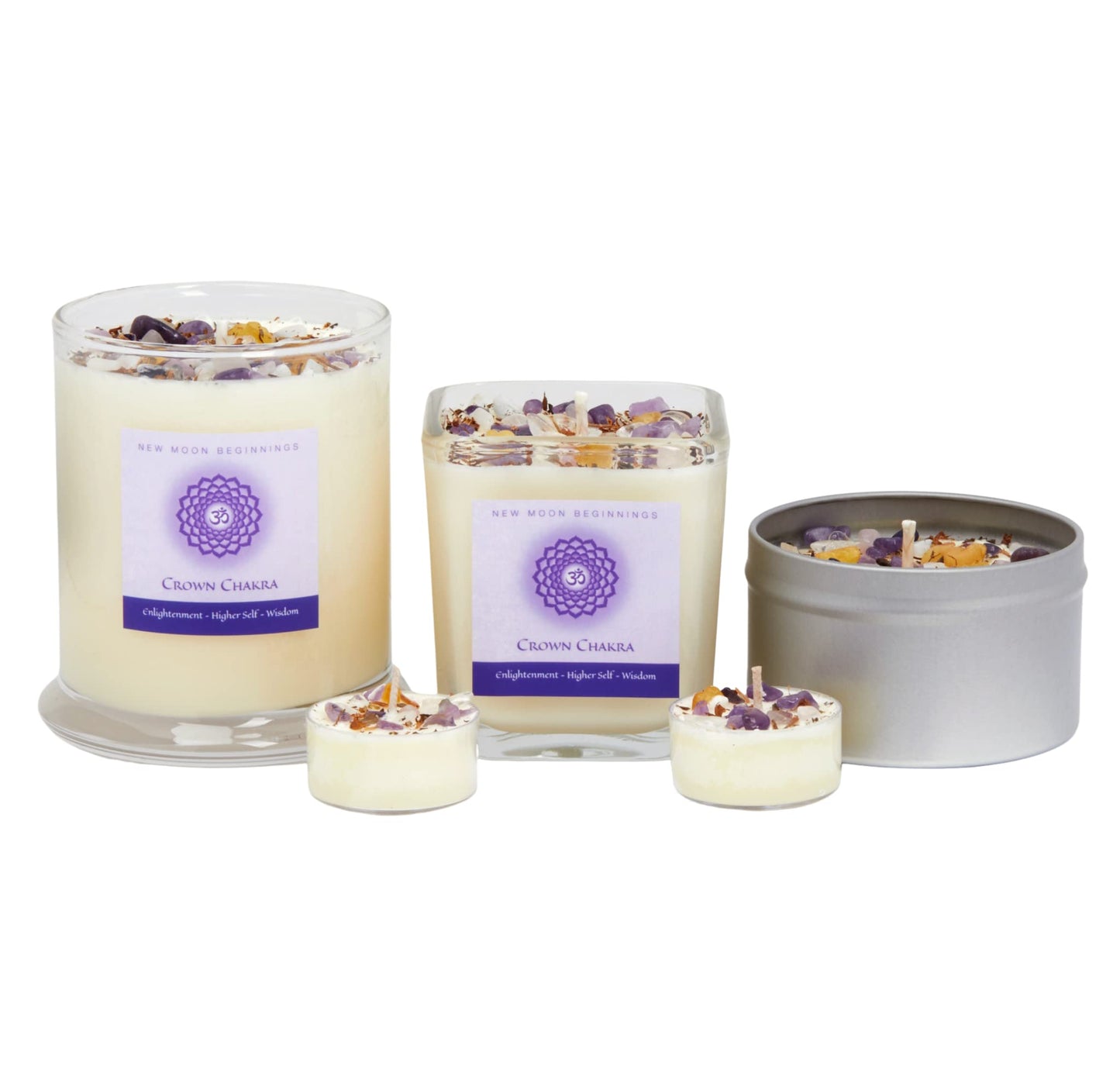Crown Chakra Candle by New Moon Beginnings - Chakra Candles - Dried Flower, Herb, & Crystal Candles - Aromatherapy Candles - Soy Candle - 12oz Glass Jar