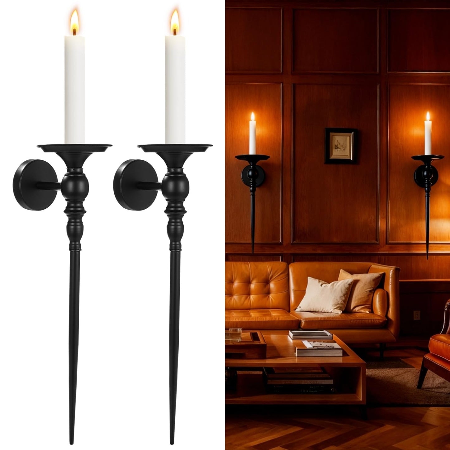 2 Pcs Candle Sconces Wall Decor Set, Black Gothic Wall Candle Holder, Iron European Style Candle Holder, 24 x 5.5 x 5.5 in