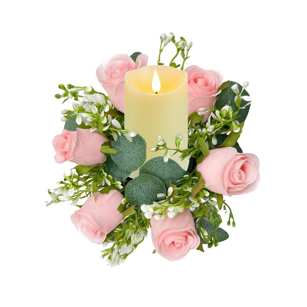 tyoungg 6 PCs Artificial Pink Rose Eucalyptus Pillar Candle Rings Wreath Weddding Banquet Reception Table Centerpiece Spring Home Decor (6, Pink)