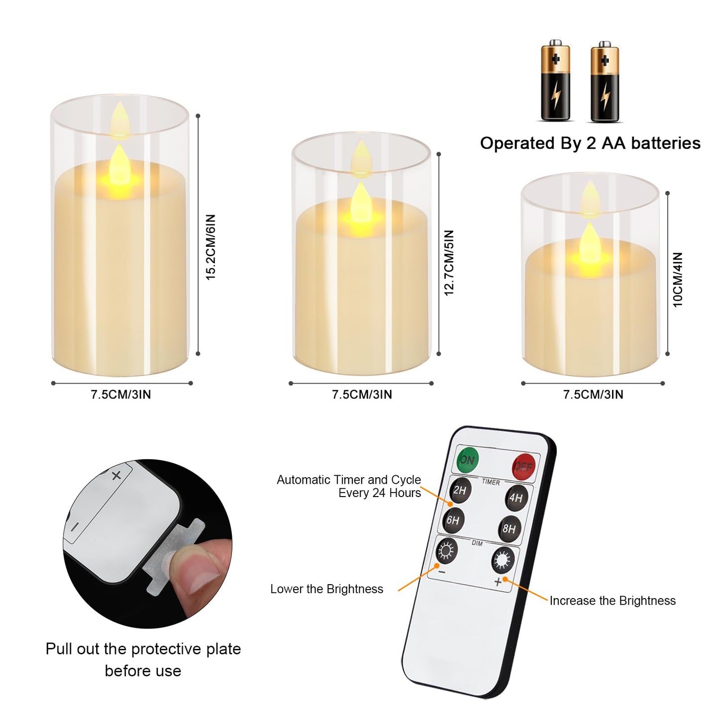 wemarry Flameless Candles 4" 5" 6" Acrylic Glass Pillars 3" Diameter Battery Operated Flickering Candles Include 8-Key Remote with Timer Function 400+ Hours (Pure White, Warm Light 3 Pack)