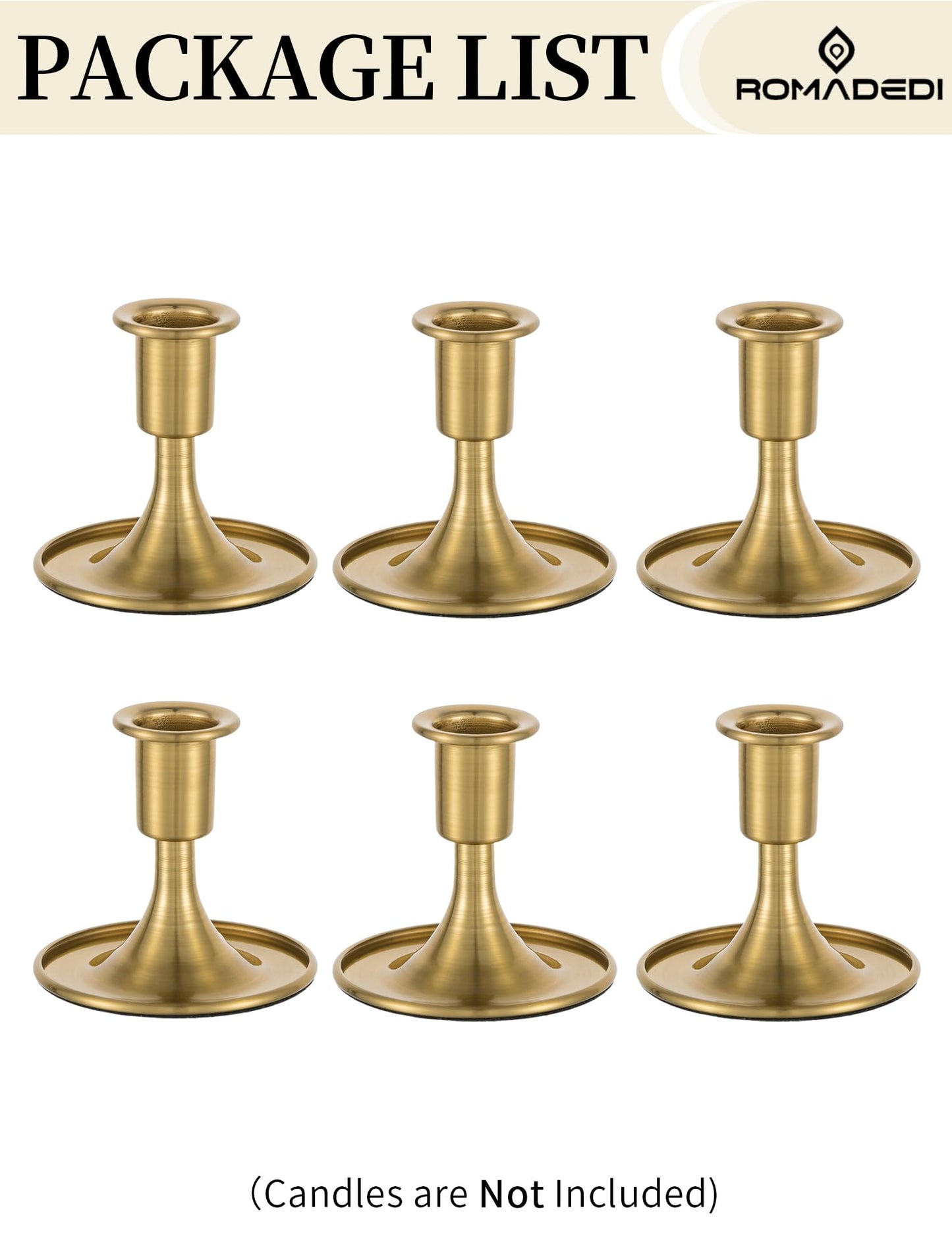 Romadedi Gold Candlestick Candle Holders - Brass Taper Holders Candle Stick for Wedding Table Centerpiece Festive Christmas Mantel Decoration Home Decor, Set of 6