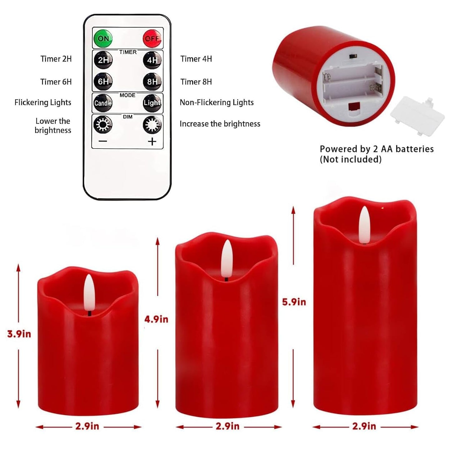 VEEKI Flameless Candles Lights, Set of 3 Flickering LED Candles with Remote & Timer, Dimmable Real Wax Electric Pillar Candles Battery Operated, Red Candles for Home Christmas Decor (Red)