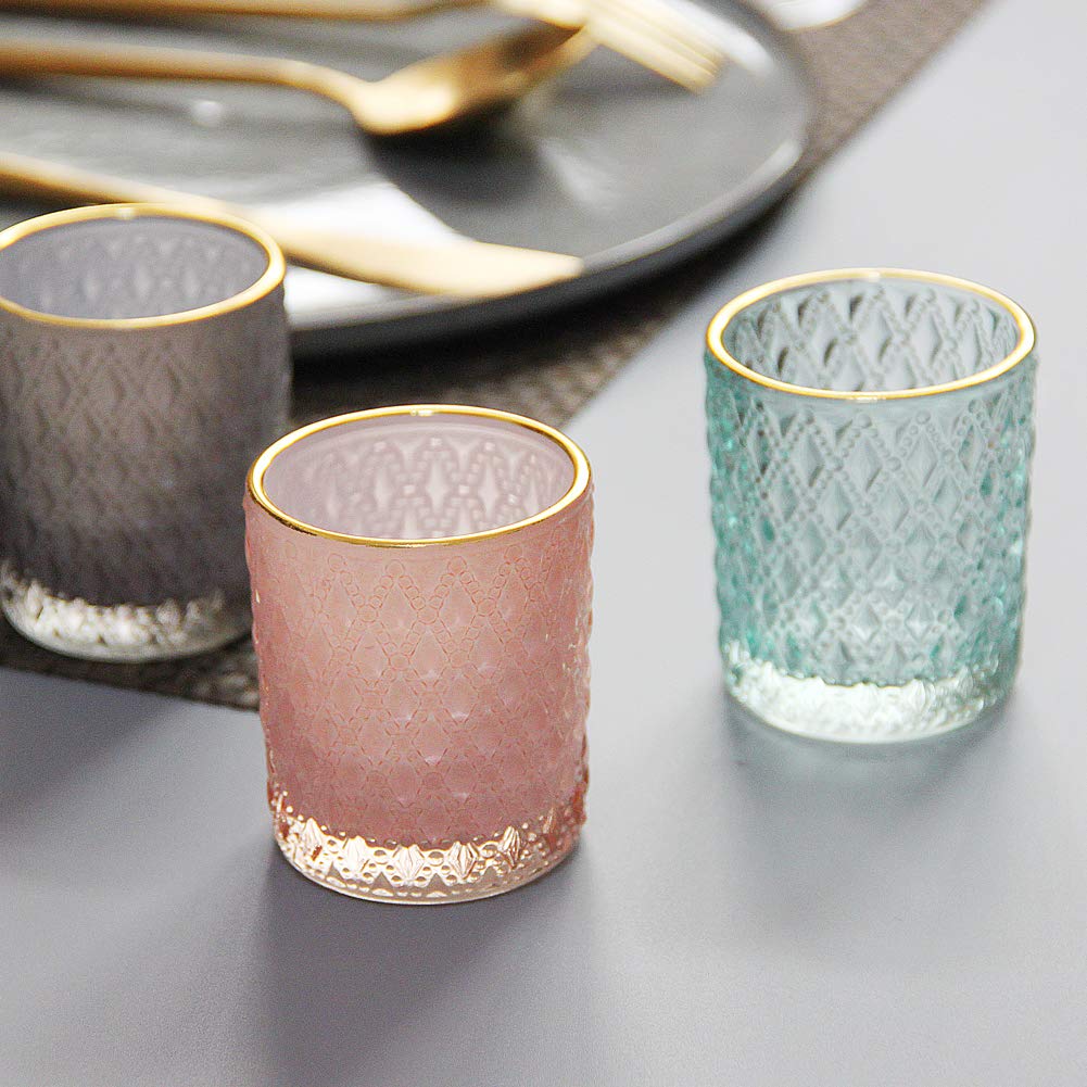 SHMILMH Pink Votive Candle Holders Set of 24, Pink Christmas Table Centerpiece Glass Tealight Holders Bulk with Gold Rim, Tea Candle Holder for Birthday Wedding Decor