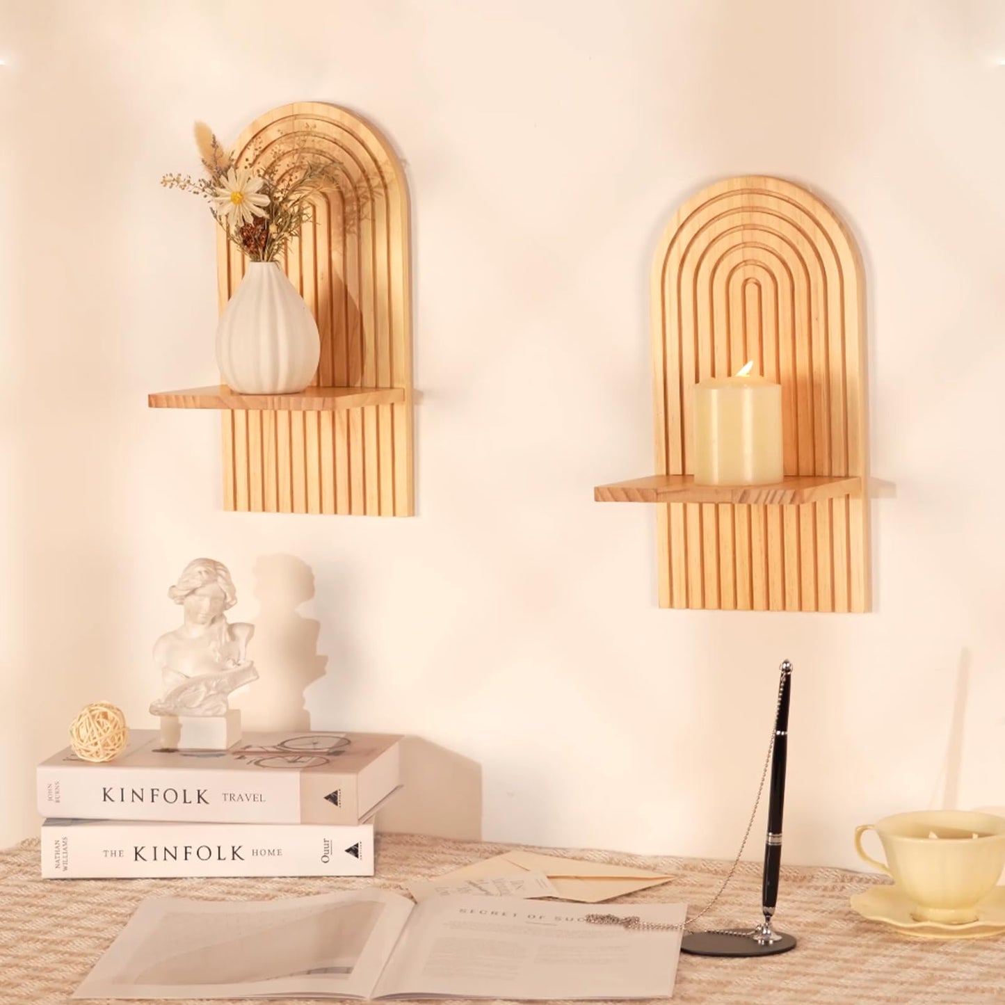 Walasis Boho Wall Decor Set of Two - Natural Modern Minimalist Mid Century Wall Candle Holder for Living Room - Wood Bohemian Decor for Bathroom Nursery Bedroom