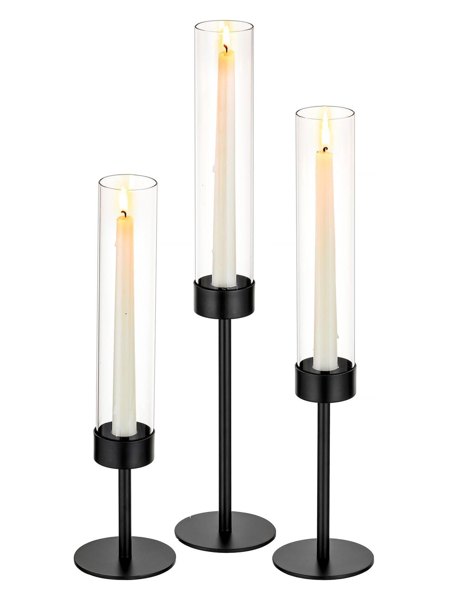 Romadedi Black Candlestick Holders Hurricane - Metal Taper Candle Holder Tall Windproof Glass Cylinder for Indoor Outdoor Table Centerpiece Christmas Halloween Modern Home Decor Set of 3