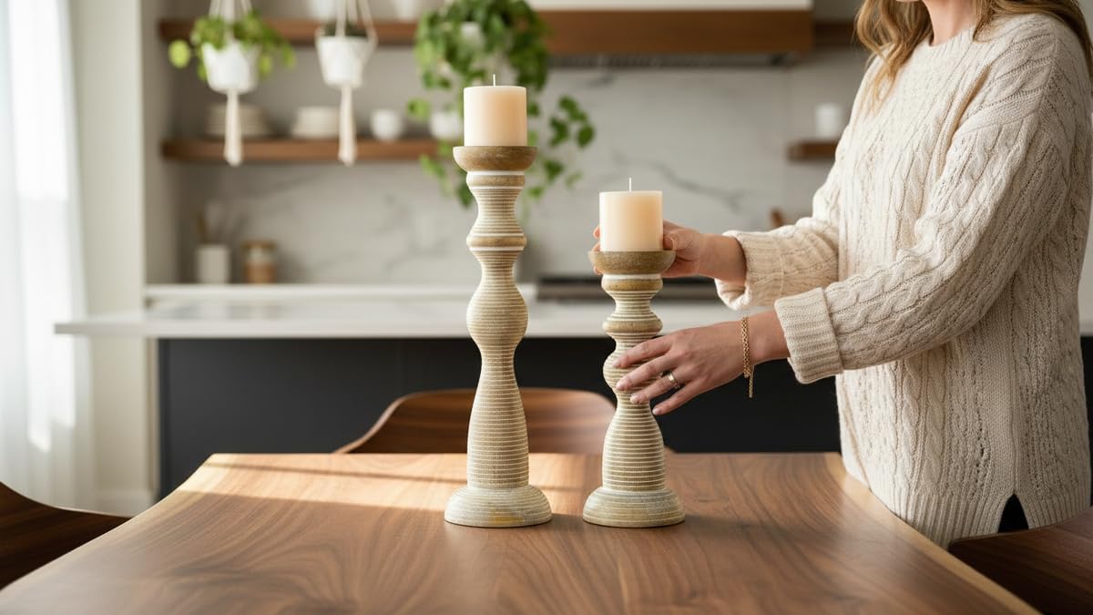 White Washed Hand Carved Wooden Pillar Candle Holders - Set of 3 | Chennai Decorative Style | Crafted from Mango Wood | Rustic Table Centerpiece Decor | Sized 18", 15" and 12"