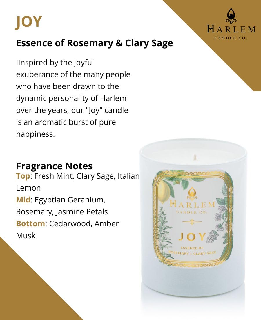 HARLEM CANDLE CO. - Joy - Luxury Scented Soy Candle, 11 oz - 80-Hour Burn Time | Fresh Mint, Italian Lemon, Rosemary, Jasmine Petals, Cedarwood, Amber Musk | Scented Candles for Home