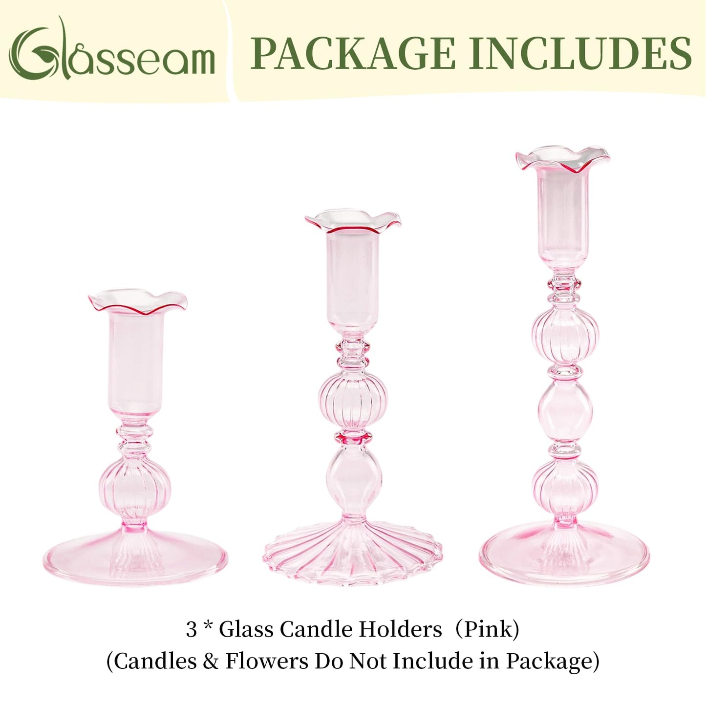 Glasseam Tapered Candlestick Holders Pink: Set of 3 Glass Candle Sticks Holder Decor with Bobeche Modern Ribbed Taper Candle Holders for Table Centerpiece Valentines Wedding Home Decorations