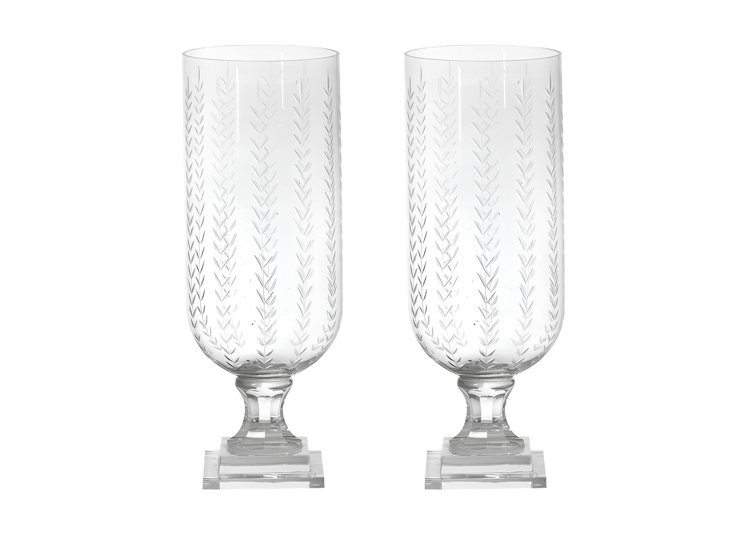 Vertical Leaf Design Glass Hurricane Lamp Lantern, Set of 2 Candle Holder Vase