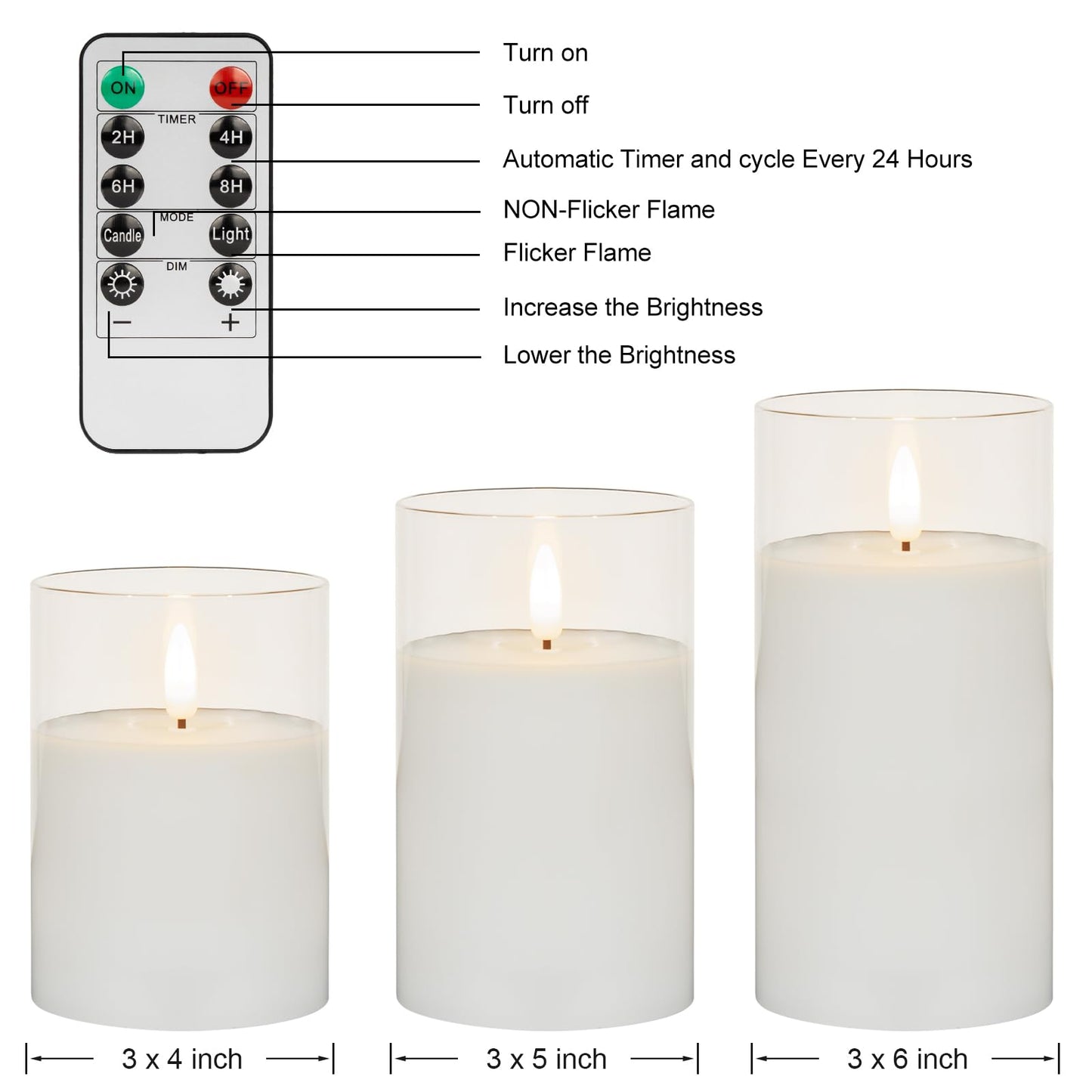 ANGELLOONG Glass Flameless Candles with Remote, White Battery Operated Candles with Timer, Electric Fake LED Candles for Bedroom Farmhouse Bathroom Coffee Table Decor, Clear