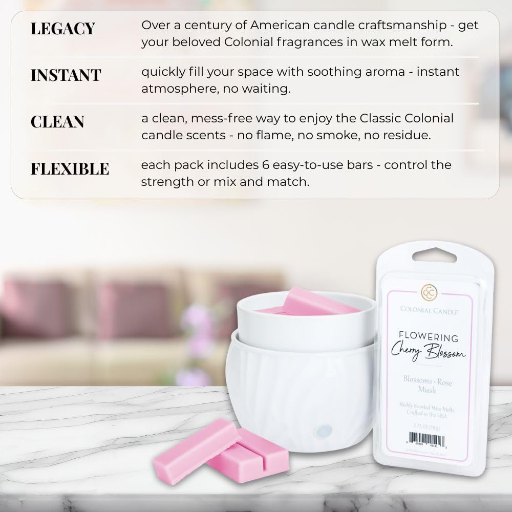 Colonial Candle Flowering Cherry Blossom Scented Wax Melts, Wax Melt Warmer Cubes, Long Lasting Scented Wax Warmer Cubes, 4 Pack, 6 Cubes Each - Made in The USA