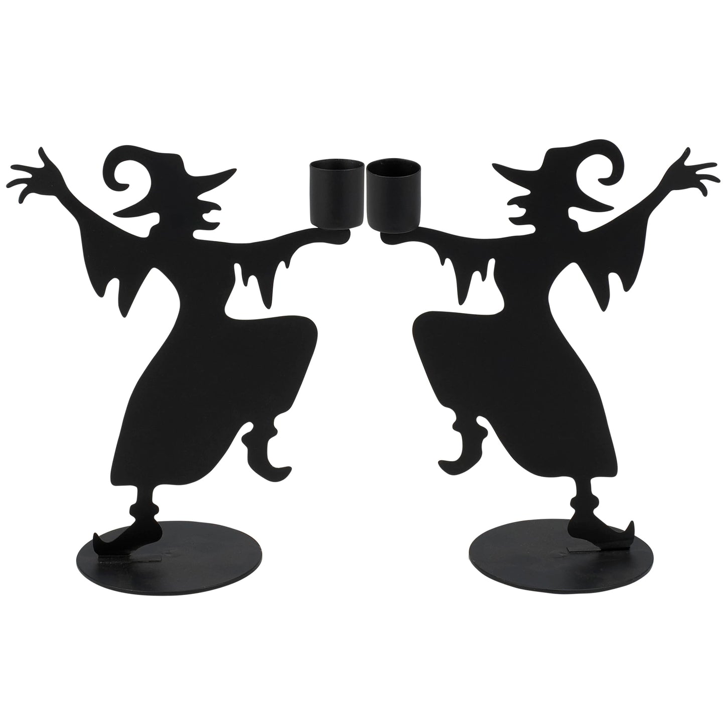 Primitives by Kathy Decorative Candle Holder Set, from Our Halloween Collection, Feature Matching Metal Cutout Designs of Dancing Witches in Matte Black with Holder on Their Hand