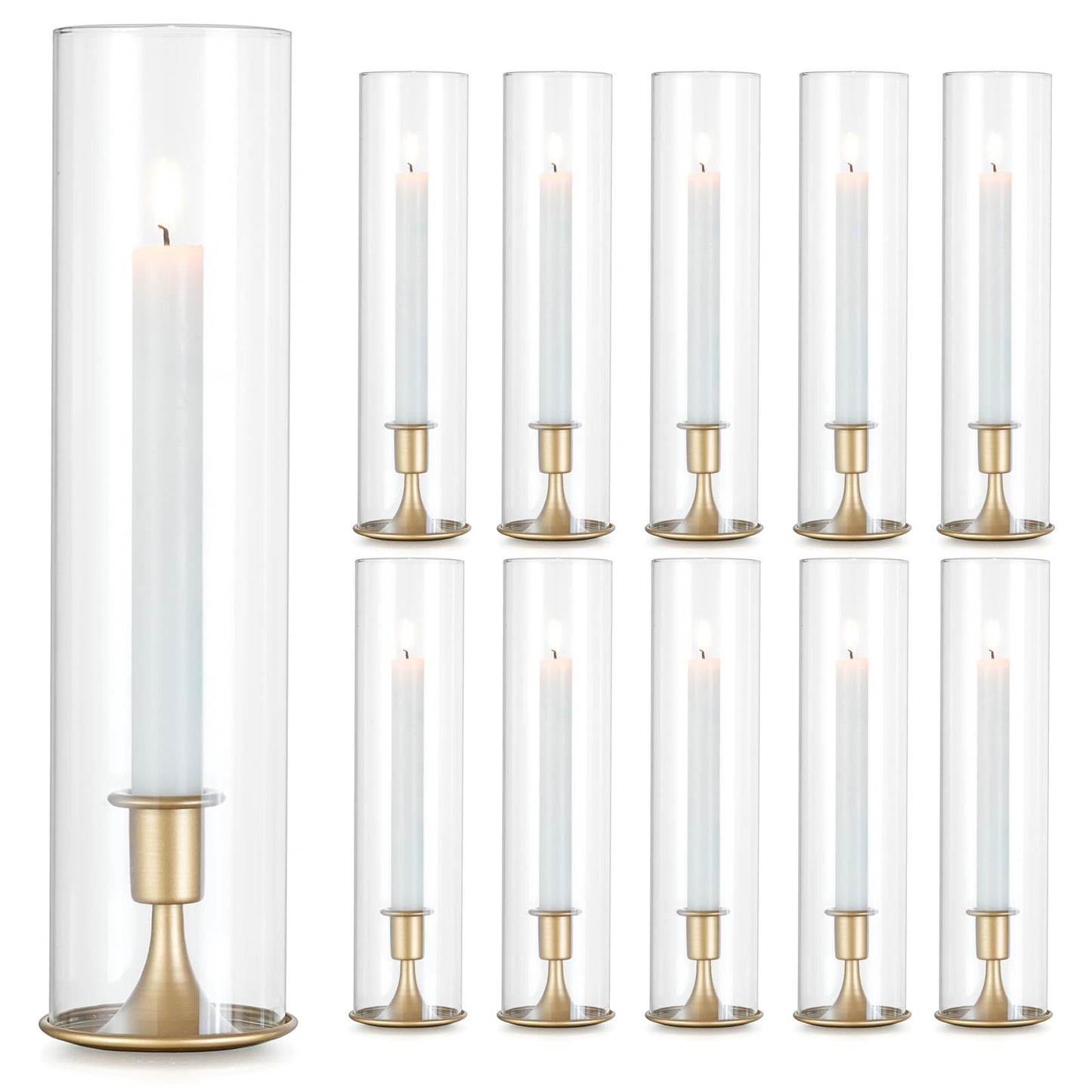 Romadedi Hurricane Candlestick Holders Gold - 10 Pcs Taper Candle Holders Bulk Tall Clear Glass Cylinder for Wedding Table Centerpieces Party Decor Birthday Christmas Home Decorations