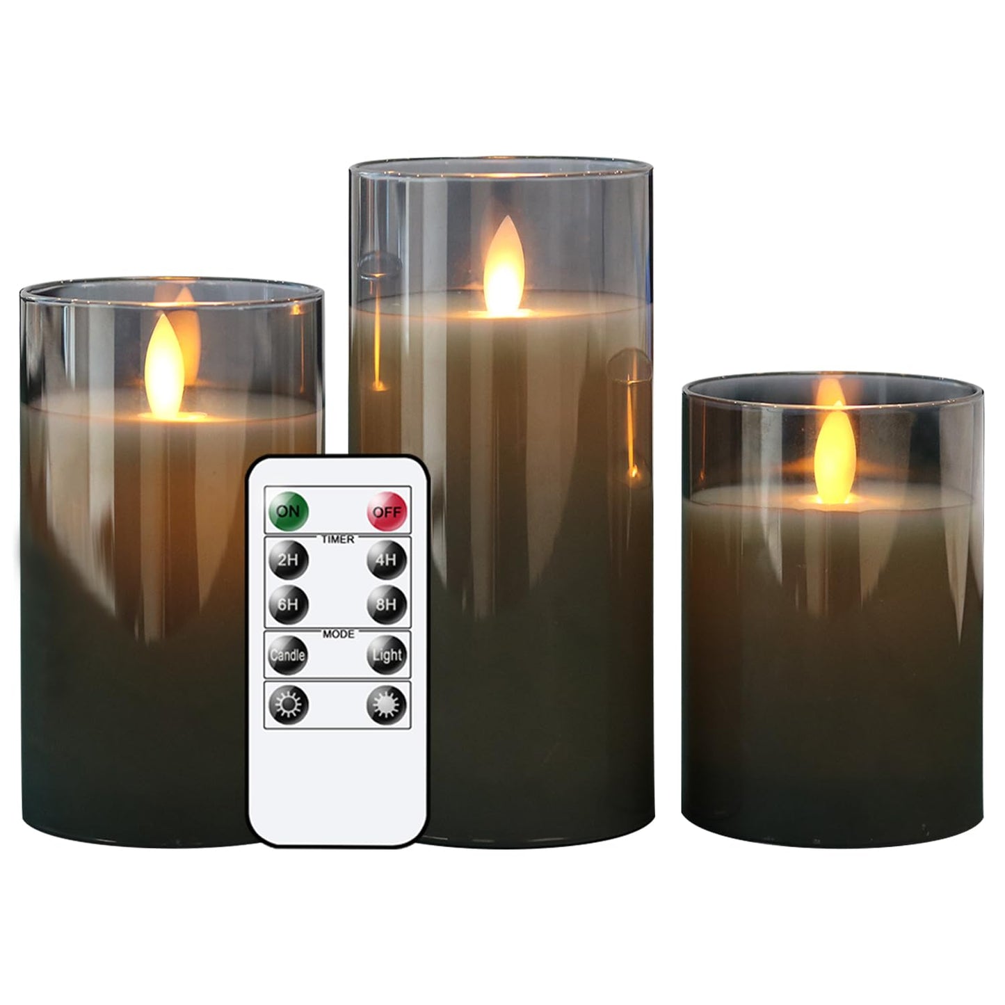 GenSwin Battery Operated LED Flameless Flickering Candles with 10-Key Remote Control, Moving Wick Pillar Glass Candles Real Wax for Festival Wedding Christmas Home Party Decor(Pack of 3, Gray)