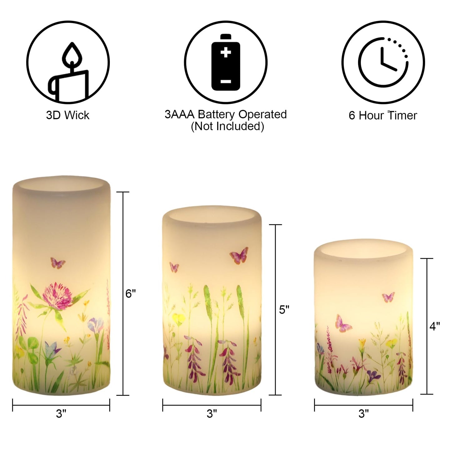 DRomance Butterfly Spring Flameless Candles with 6 Hour Timer Real Wax Battery Operated LED Flickering Pillar Candles Dinner Holiday Home Decor(3 Pack, 3" D x 4", 5", 6" H)