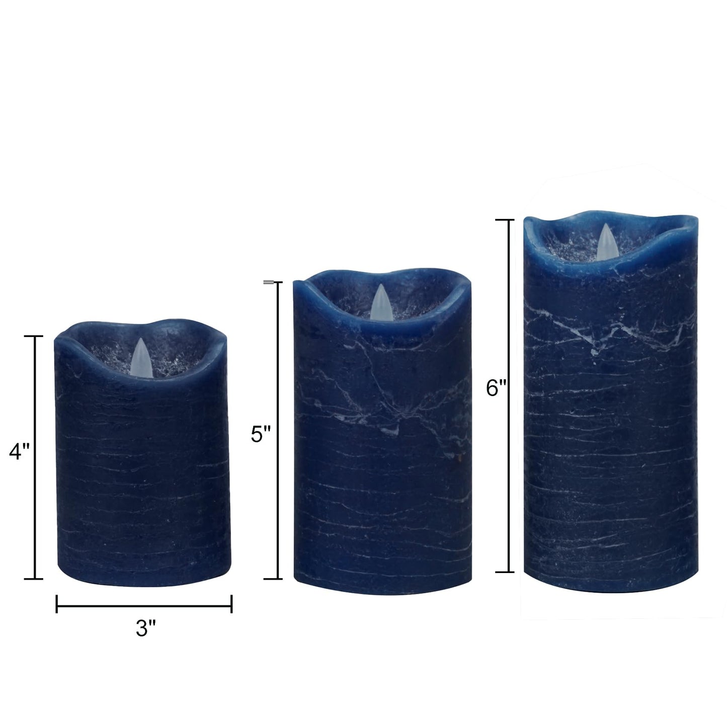 CANDLE CHOICE Real Wax Battery Operated Flameless Candles with Automatic Daily Cycle Timer Realistic Flickering Electric LED Pillars Wedding Party Holiday Decorations Set of 3 Rustic Texture Navy Blue