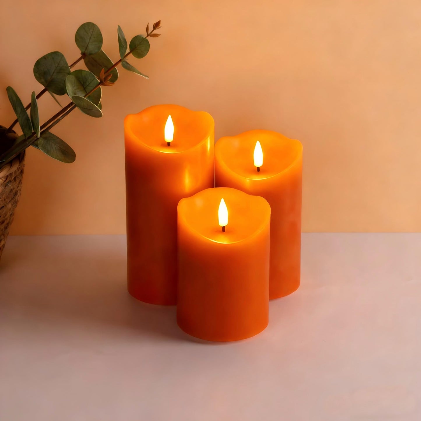 Girimax Burnt Orange Flameless Pillar Candles with Remote, LED Wax Candles Flickering Table Centerpiece Decor Set of 3