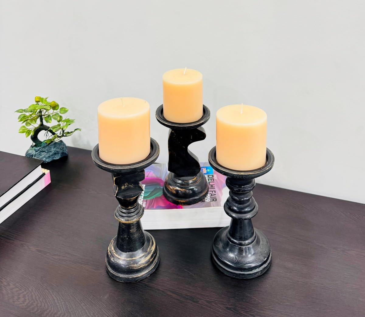 Wooden Black Candle Holders for Pillar Candles Farmhouse Wood Candle Holder Table Centerpiece Decor, Candle Holders Shaped Like Chess Pieces (Set of 3) 6.5X7X8 Inch,