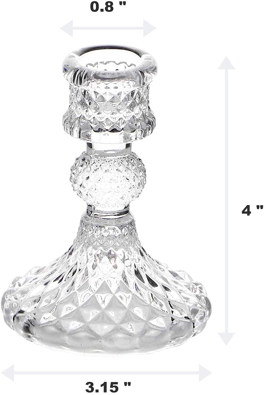Clear Glass Candlestick Holders Set of 2,Taper Candle Holders Fit 0.8 Inch Candles, Crystal Decorative Candle Stand Centerpiece for Table Wedding Dinning Party 4 Inch Tall