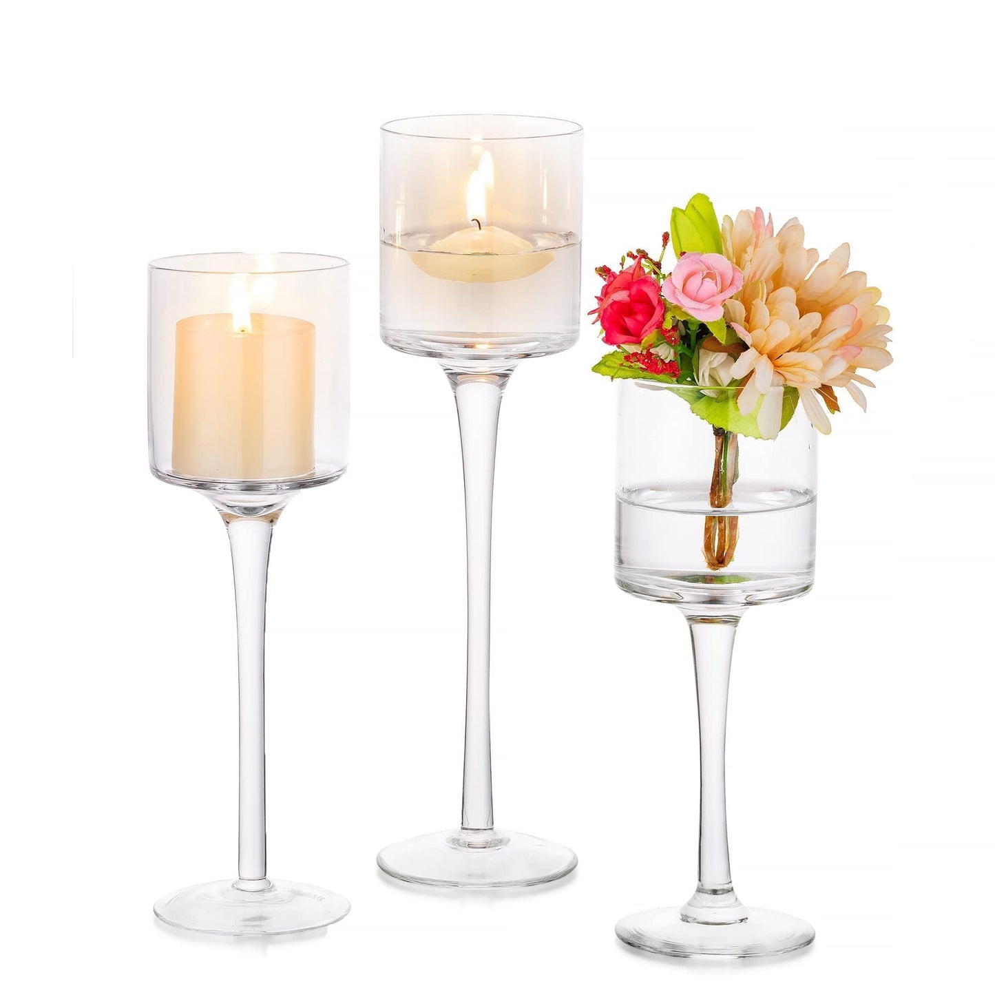 Inweder Tall Glass Candle Holder: Long Stem Floating Candle Holders for Tealight Votive and Pillar Large Clear Centerpieces for Wedding Table Party Home Set of 3