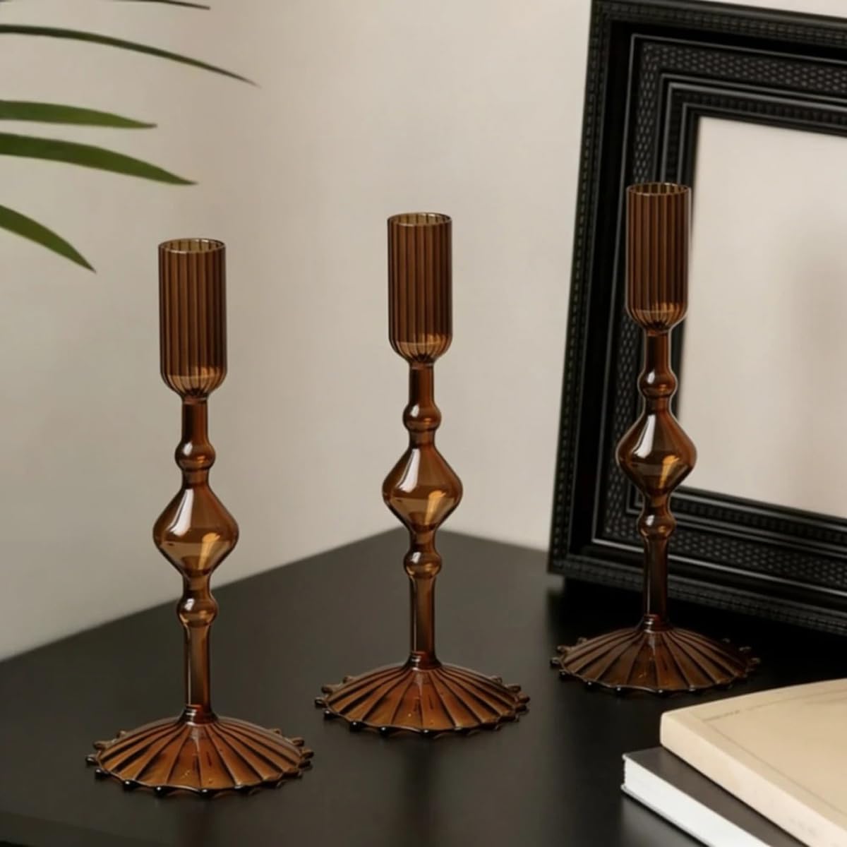 Mineaud 3Pcs Glass Candlestick Holders Glass Taper Candle Holders Groovy Wavy Elegant Candle Stick for Home Party Decoration,Styled-Coffee