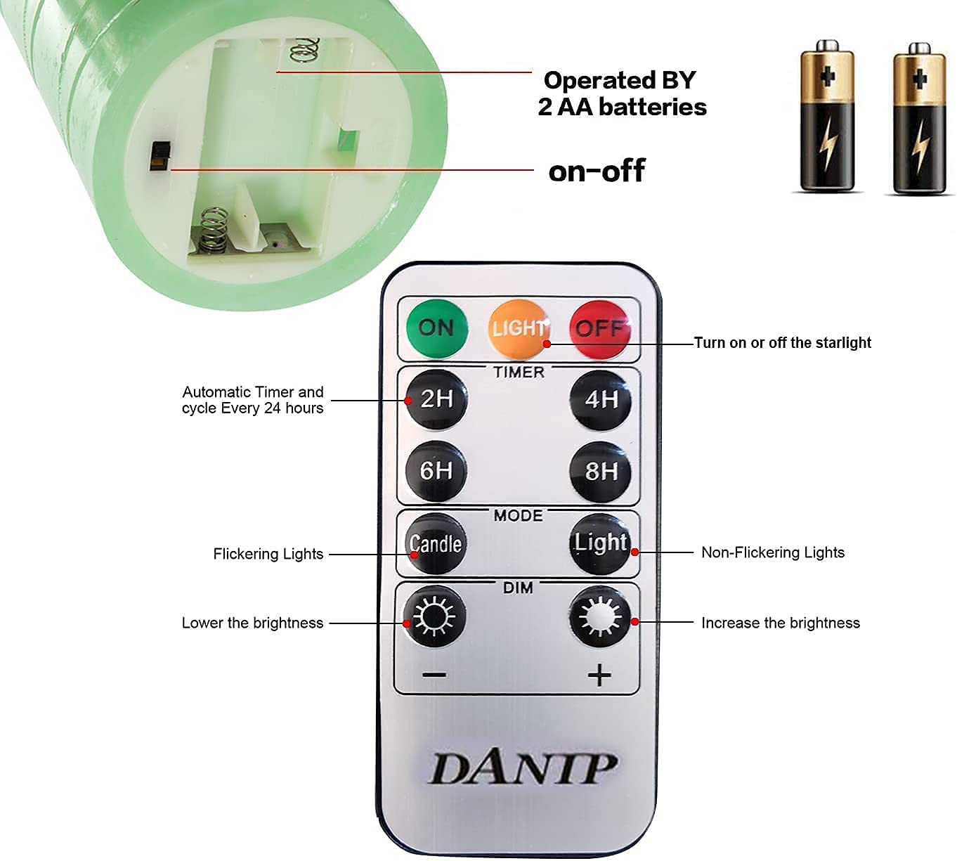 DANIP Green LED flameless Candle with Embedded Star String, 3-Piece Set of LED Candles, with 11 Button Remote Control, 24-Hour Timer Function, Dancing Flames, Real Wax, Battery Powered. (Green)