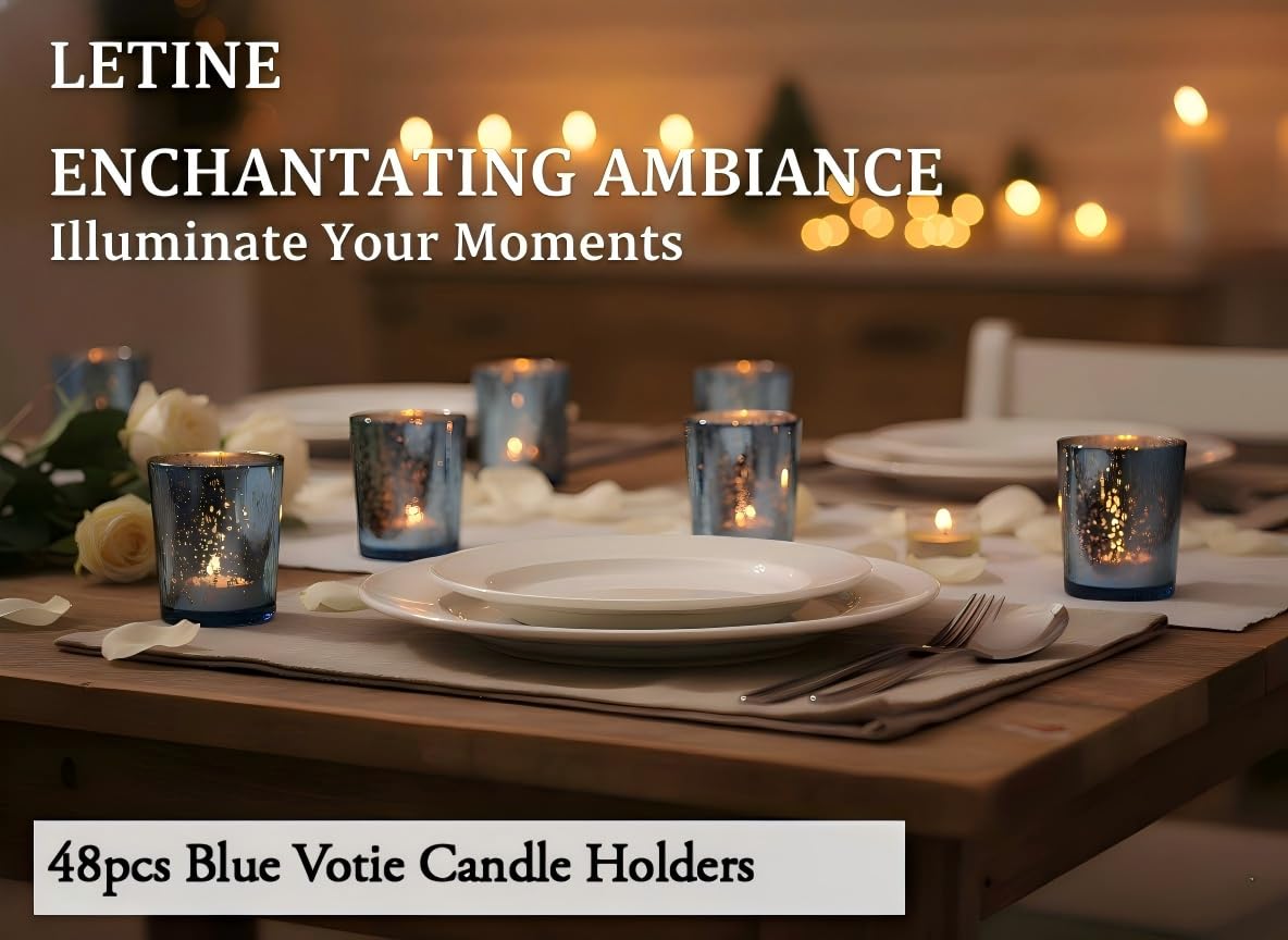 LETINE 48pcs Blue Votive Candle Holders – Glass Tea Light Candles Holder, Standard Votive Size for Regular Votive Candles – Bulk Candle Holder for Summer Weddings, Waterfront Venues, Home Decor