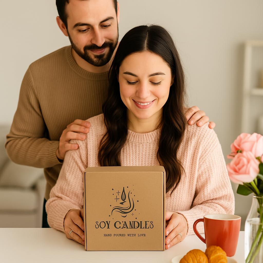 Luxury Soy Candle Gift Set, 4 Pack Amber Glass Jars with Crackling Wooden Wick, Handcrafted Scented Candles, Gift Ready Box