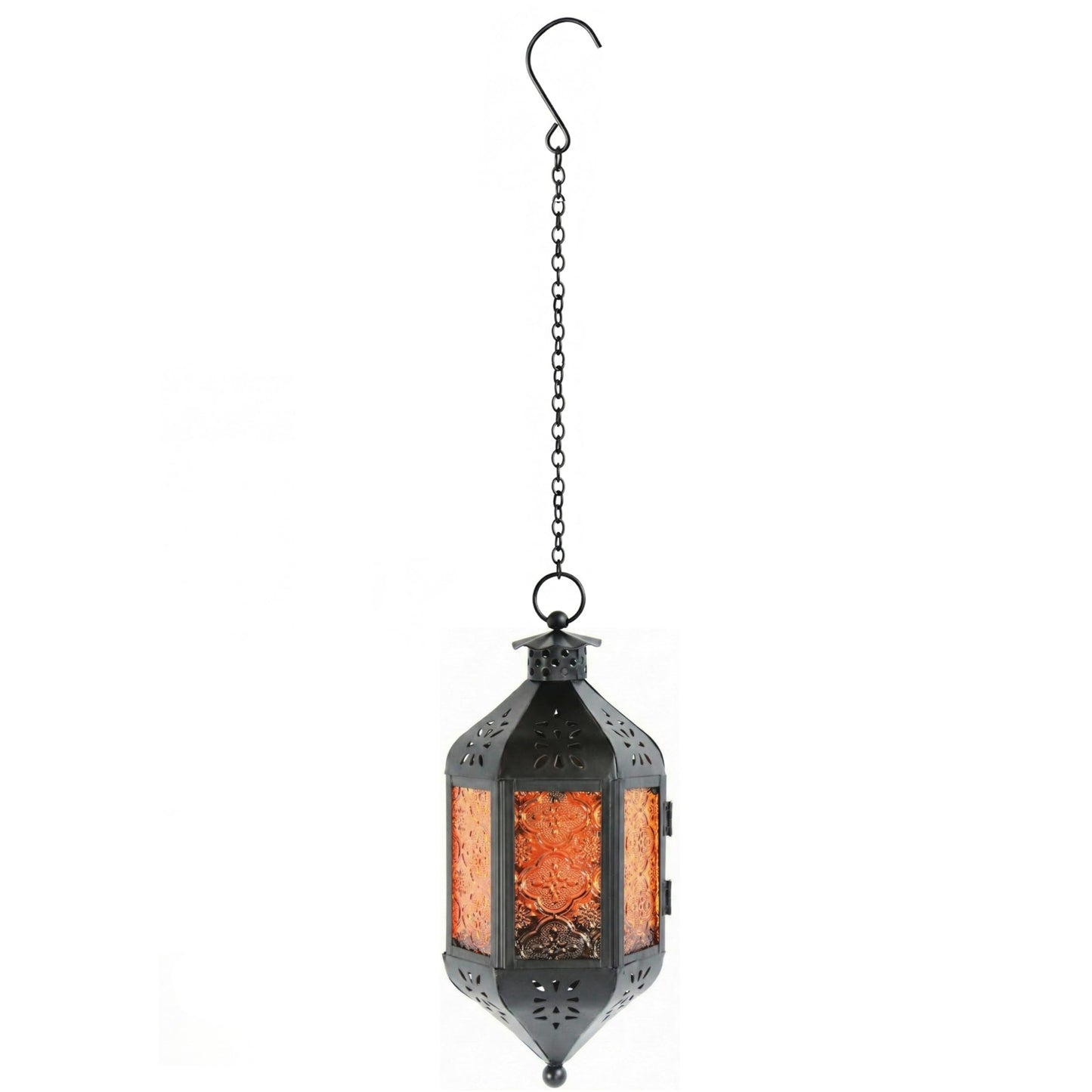 Vela Lanterns Hanging Moroccan Lamp - Exotic Decorative Patio & Porch Decor, Indoor Outdoor Tea Light Candle Lantern Holder with Chain (11" Medium, Amber Glass, 3-Pack)