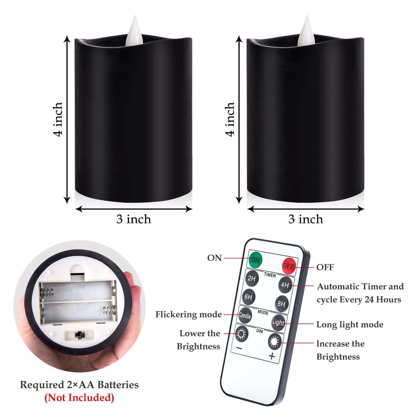 Woocodowe Black Flameless LED Candles - 3" x 4" Real Wax, Battery Operated with Remote Timer, 3D Flickering, Lasts 600+ Hours, Halloween & Christmas Deco (Black, 3"*4"-2pcs)